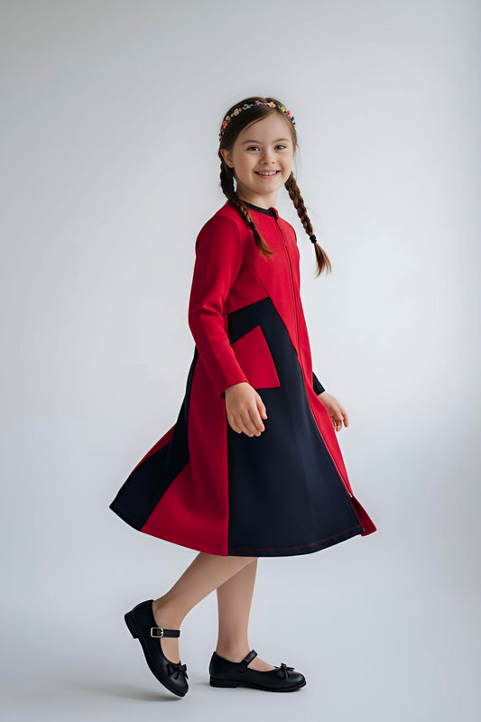 Adaptive Kids Crow Neck Dress with Cargo Pocket & Full Front Zipper for Easy Undressing