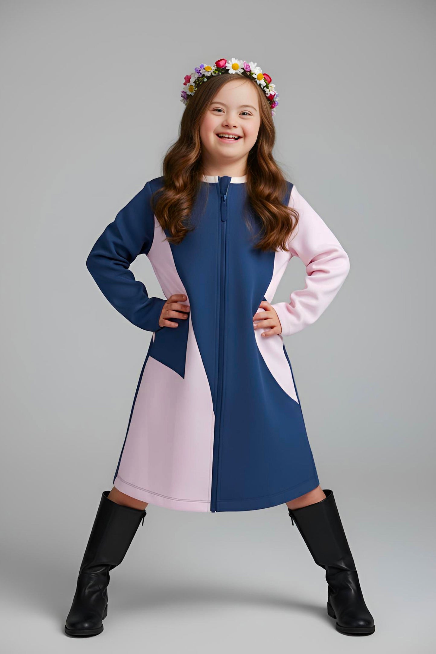 Adaptive Kids Crow Neck Dress with Cargo Pocket & Full Front Zipper for Easy Undressing