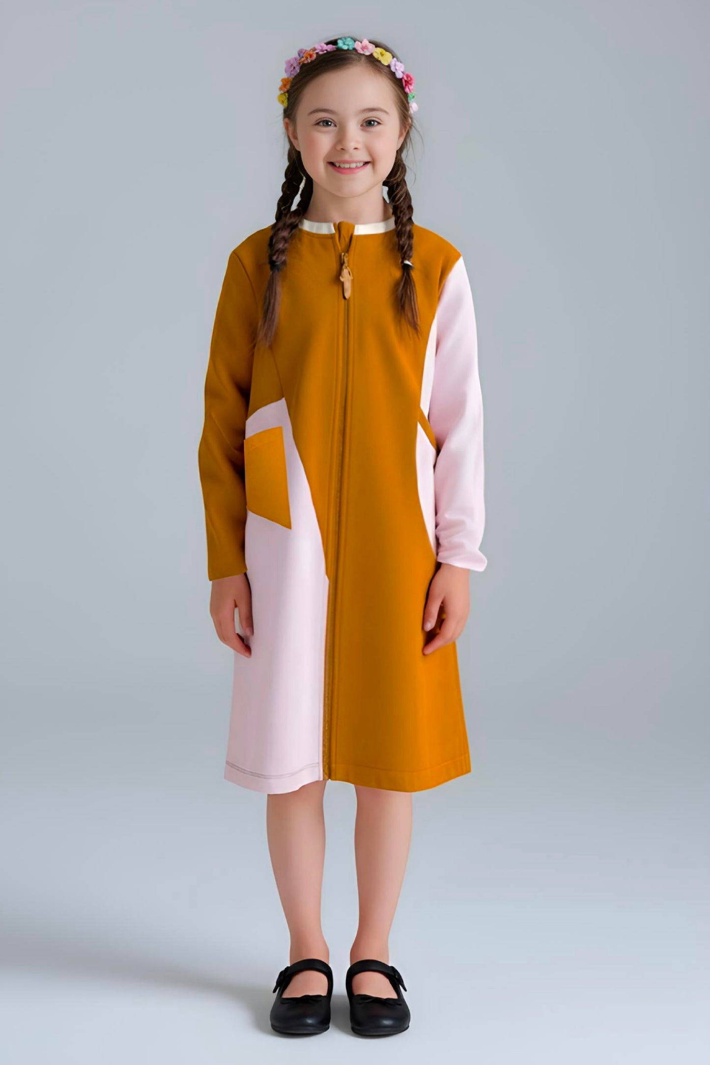 Adaptive Kids Crow Neck Dress with Cargo Pocket & Full Front Zipper for Easy Undressing