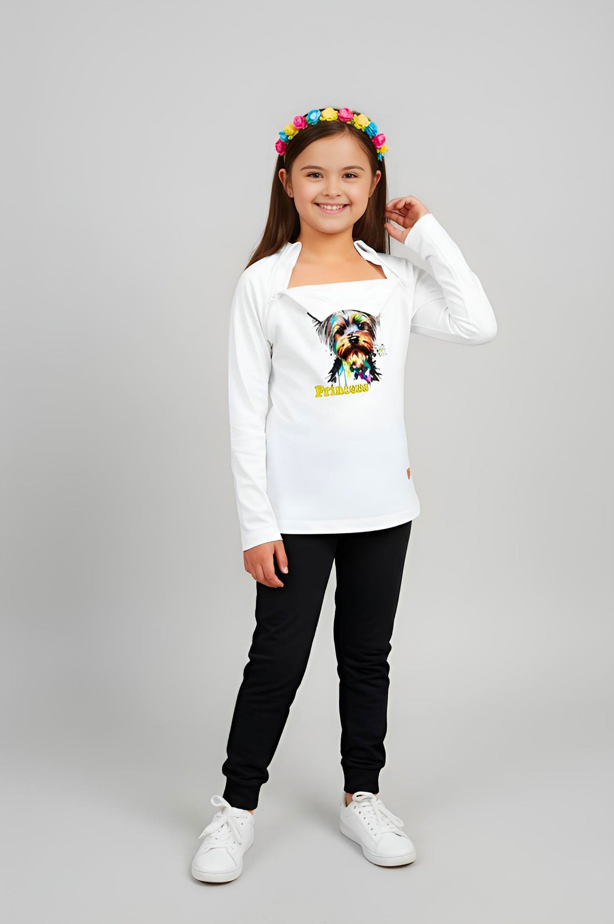 Girl's Adaptive Clothing: Princess Dog Print Raglan Sleeve Top with Cowl Neck and Medical Access Zippers