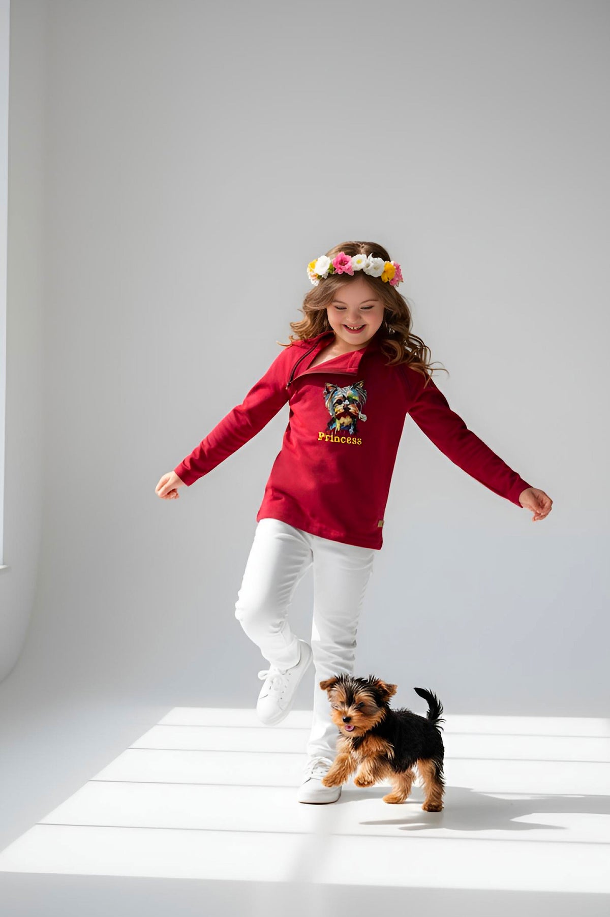 Girl's Adaptive Clothing: Princess Dog Print Raglan Sleeve Top with Cowl Neck and Medical Access Zippers