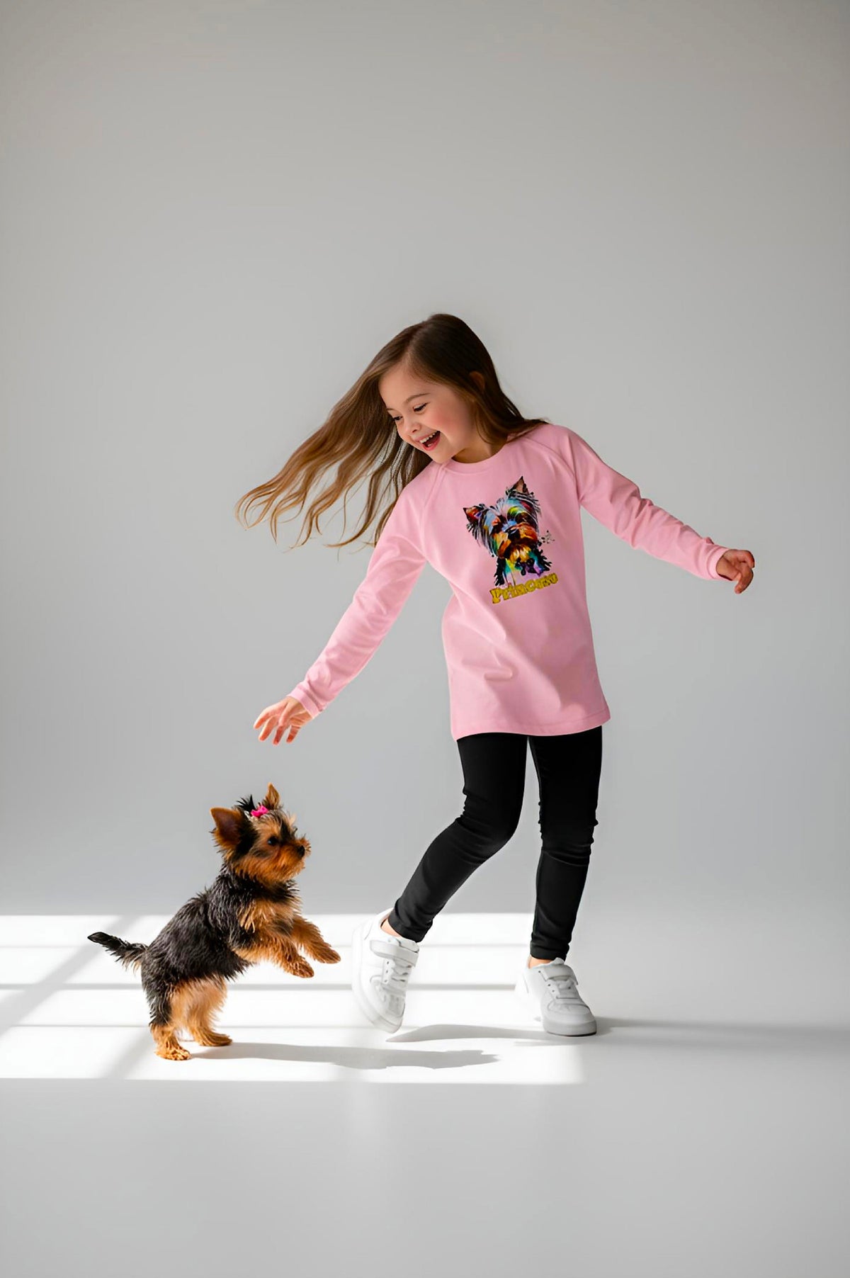 Girl's Adaptive Clothing: Princess Dog Print Raglan Sleeve Top with Cowl Neck and Medical Access Zippers