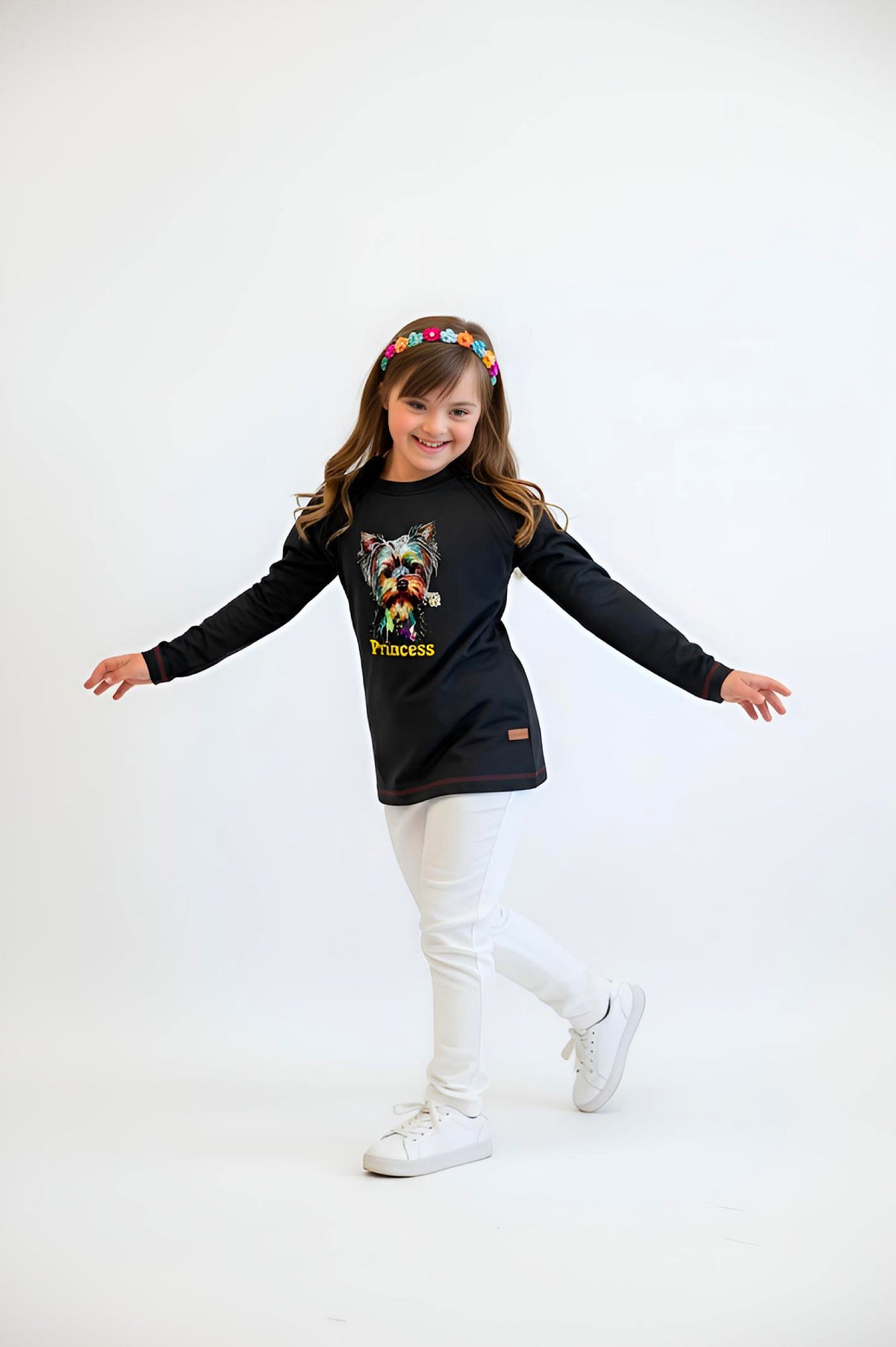 Girl's Adaptive Clothing: Princess Dog Print Raglan Sleeve Top with Cowl Neck and Medical Access Zippers