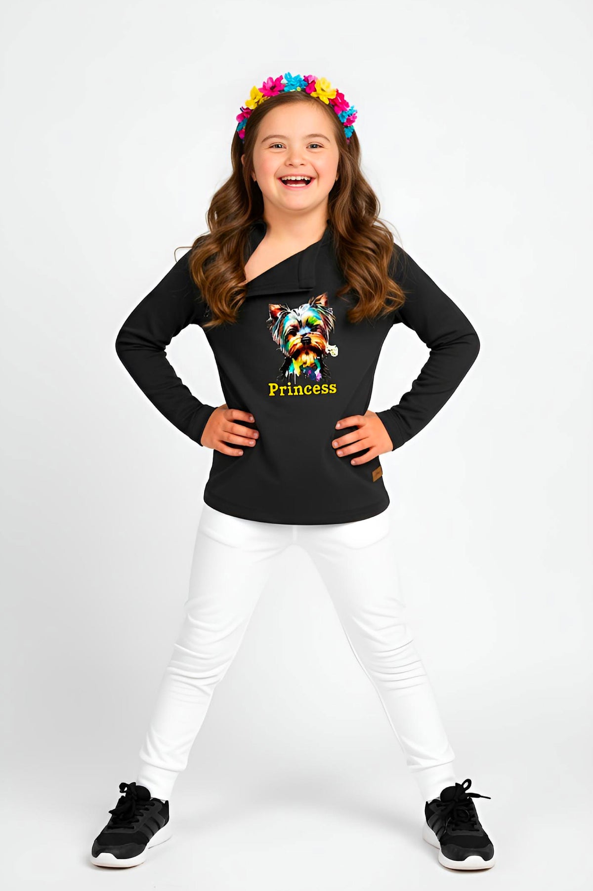 Girl's Adaptive Clothing: Princess Dog Print Raglan Sleeve Top with Cowl Neck and Medical Access Zippers