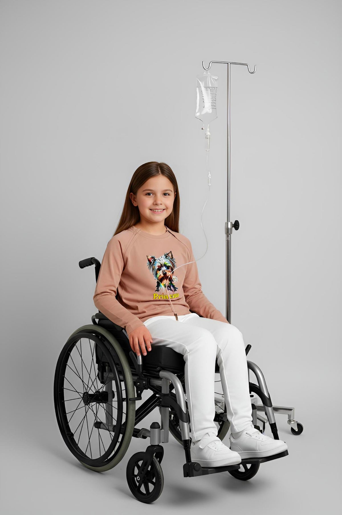 Girl's Adaptive Clothing: Princess Dog Print Raglan Sleeve Top with Cowl Neck and Medical Access Zippers
