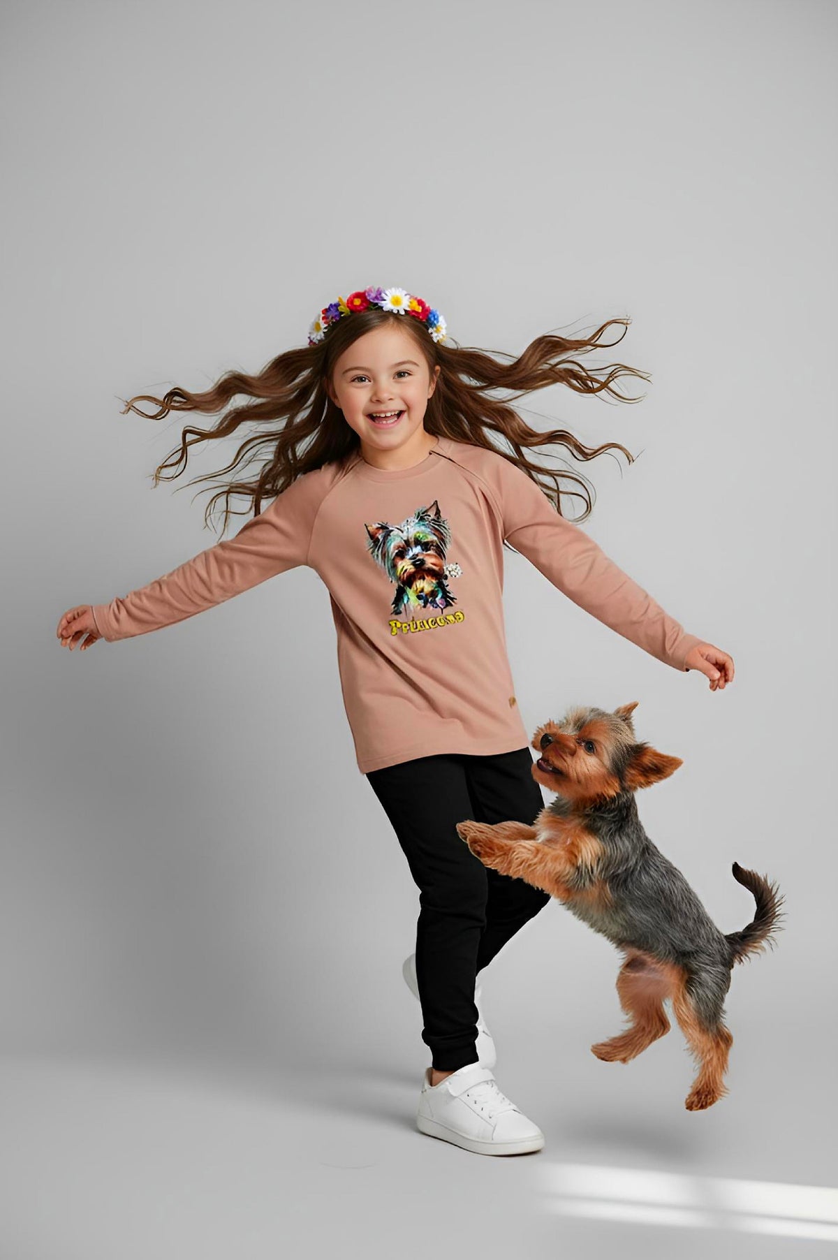 Girl's Adaptive Clothing: Princess Dog Print Raglan Sleeve Top with Cowl Neck and Medical Access Zippers