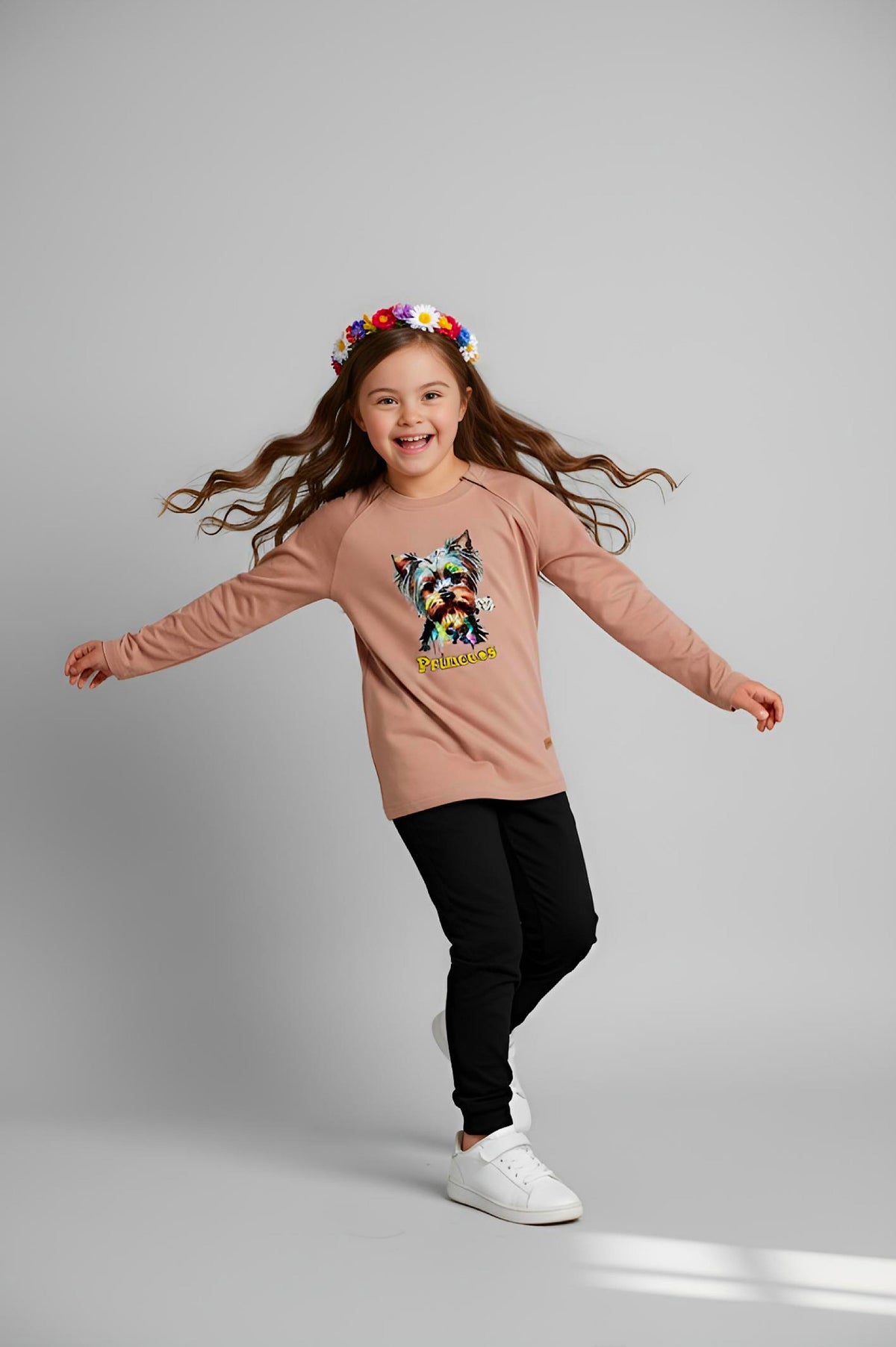 Girl's Adaptive Clothing: Princess Dog Print Raglan Sleeve Top with Cowl Neck and Medical Access Zippers