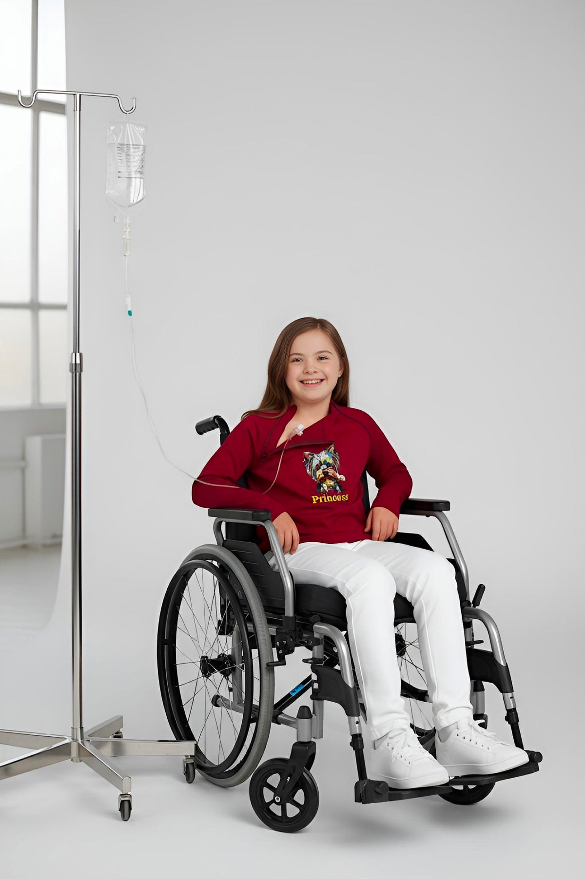 Girl's Adaptive Clothing: Princess Dog Print Raglan Sleeve Top with Cowl Neck and Medical Access Zippers