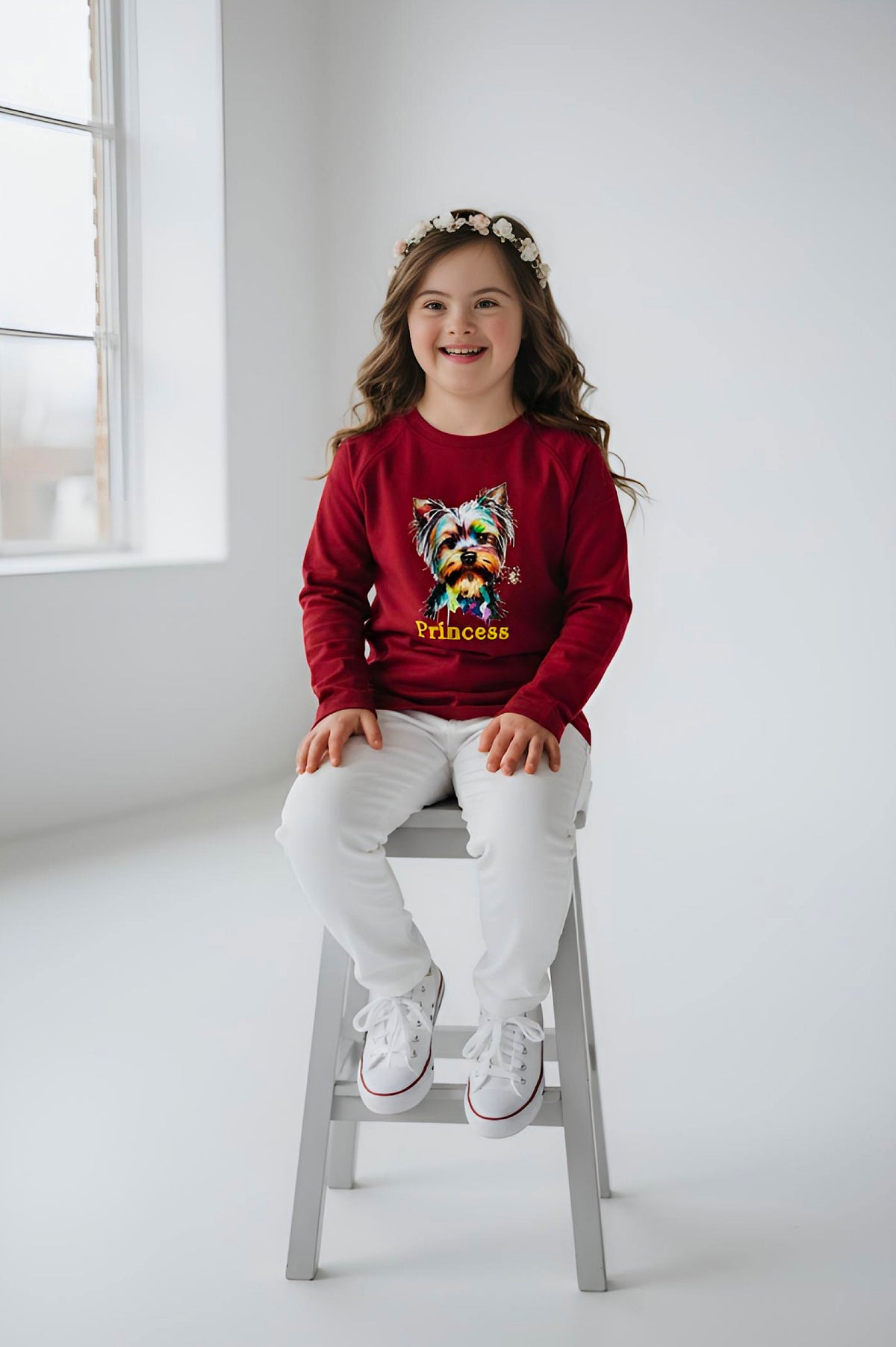 Girl's Adaptive Clothing: Princess Dog Print Raglan Sleeve Top with Cowl Neck and Medical Access Zippers