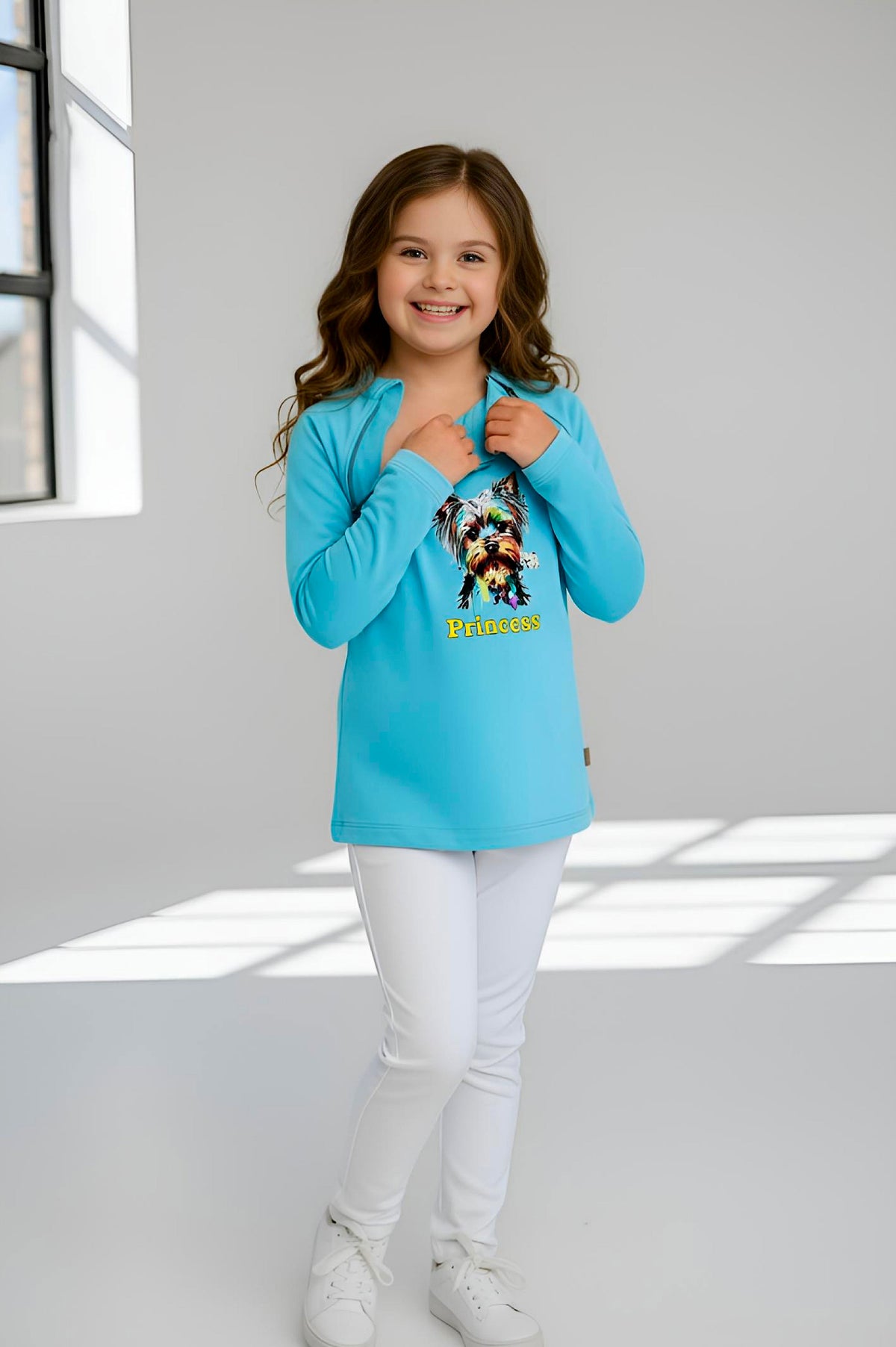 Girl's Adaptive Clothing: Princess Dog Print Raglan Sleeve Top with Cowl Neck and Medical Access Zippers