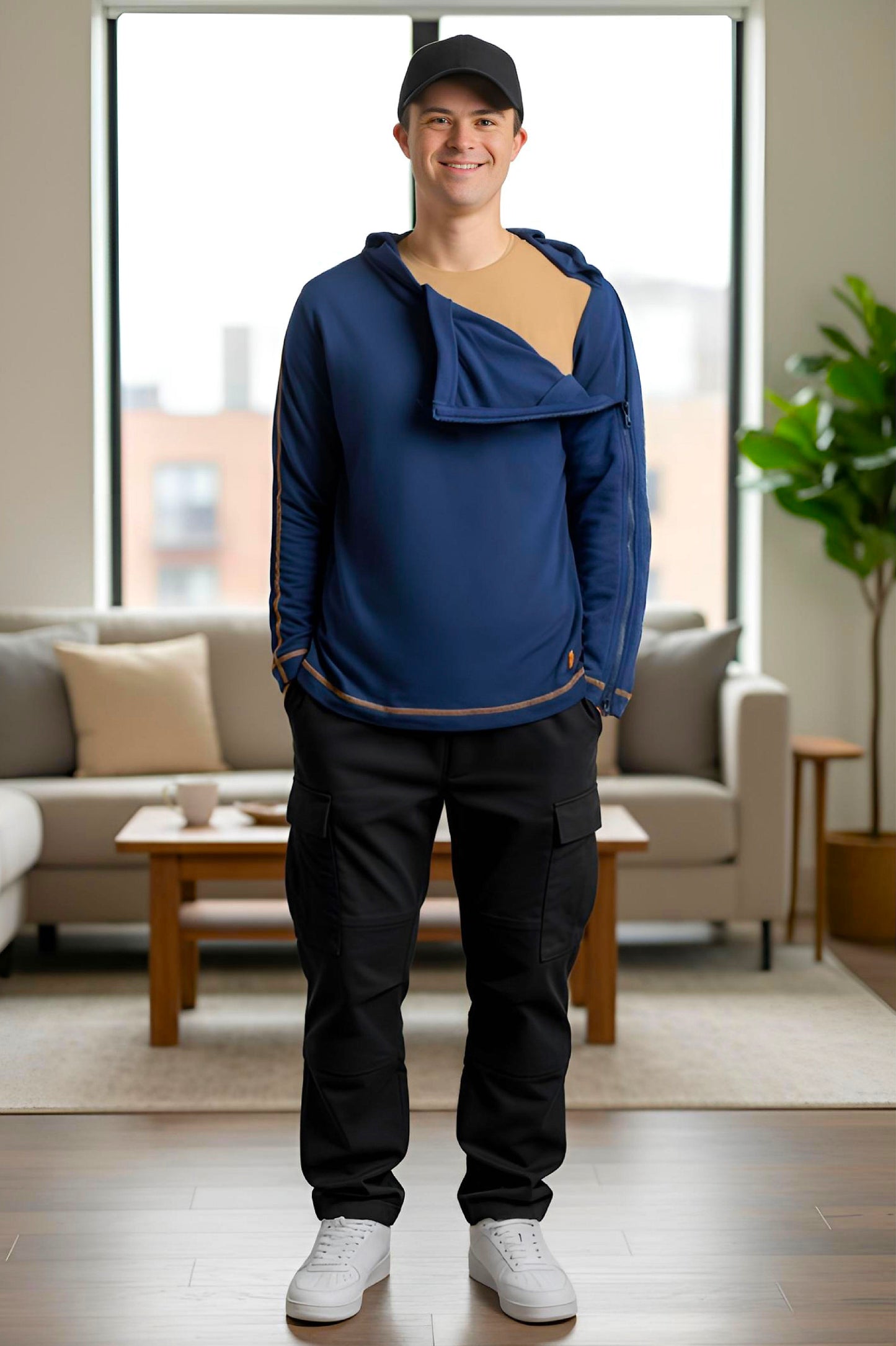Men’s Adaptive Clothing Long Sleeve Soft Style Cotton V Neck Top with a Full Zipper at Shoulder Opens Completely for Easy Undressing