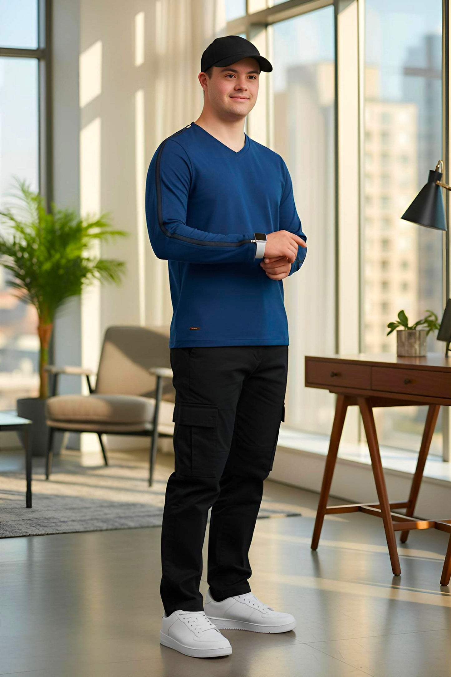 Men’s Adaptive Clothing Long Sleeve Soft Style Cotton V Neck Top with a Full Zipper at Shoulder Opens Completely for Easy Undressing