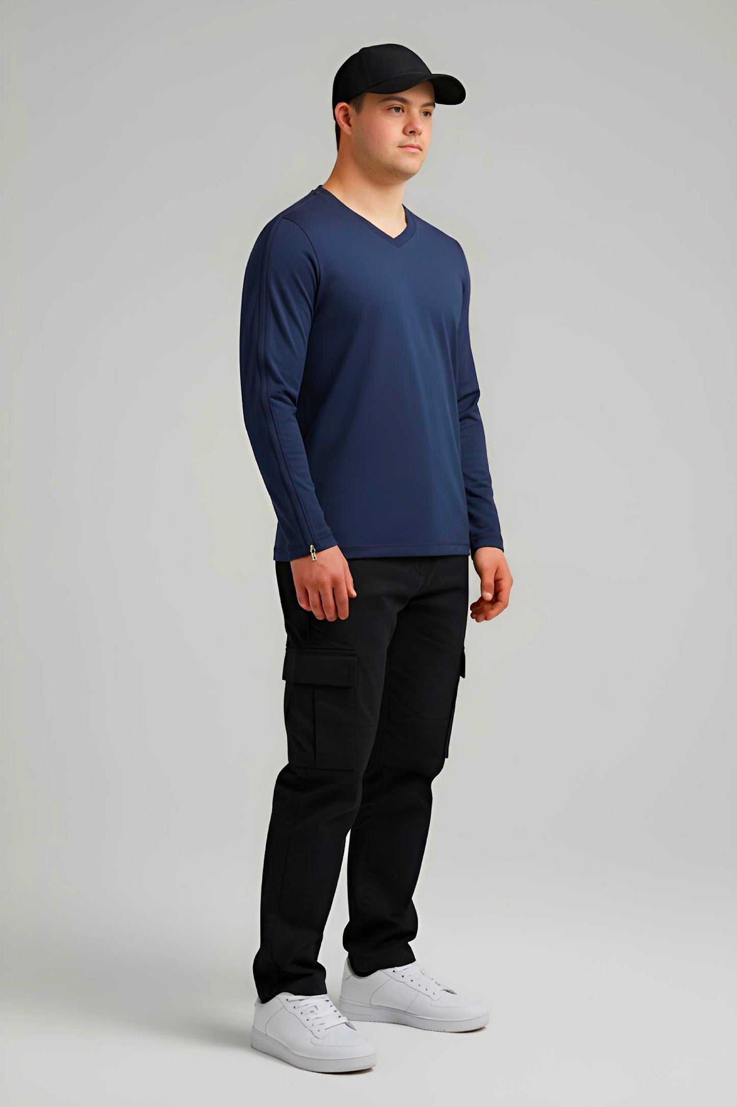 Men’s Adaptive Clothing Long Sleeve Soft Style Cotton V Neck Top with a Full Zipper at Shoulder Opens Completely for Easy Undressing