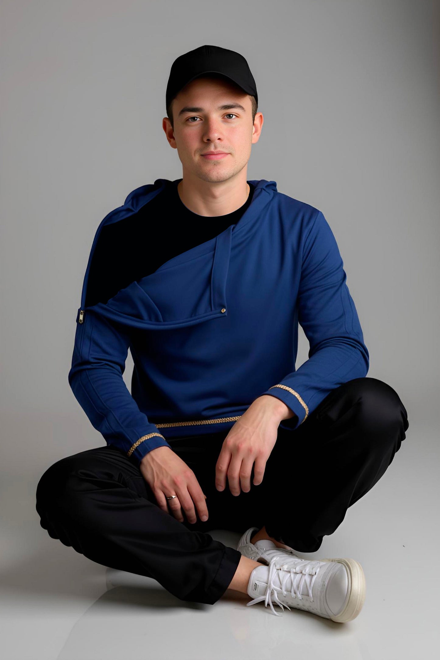 Men’s Adaptive Clothing Long Sleeve Soft Style Cotton V Neck Top with a Full Zipper at Shoulder Opens Completely for Easy Undressing