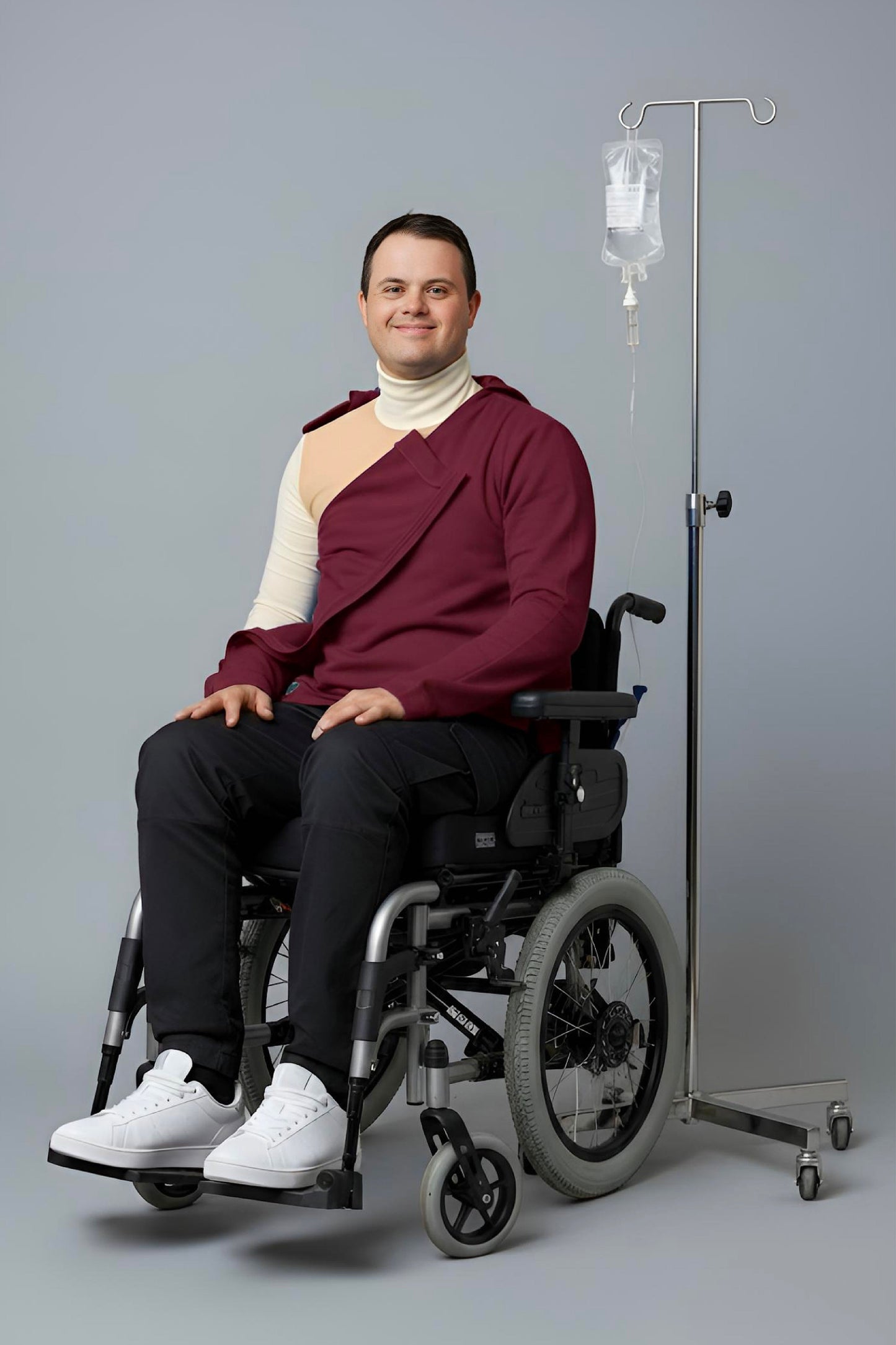 Men’s Adaptive Clothing Long Sleeve Soft Style Cotton V Neck Top with a Full Zipper at Shoulder Opens Completely for Easy Undressing