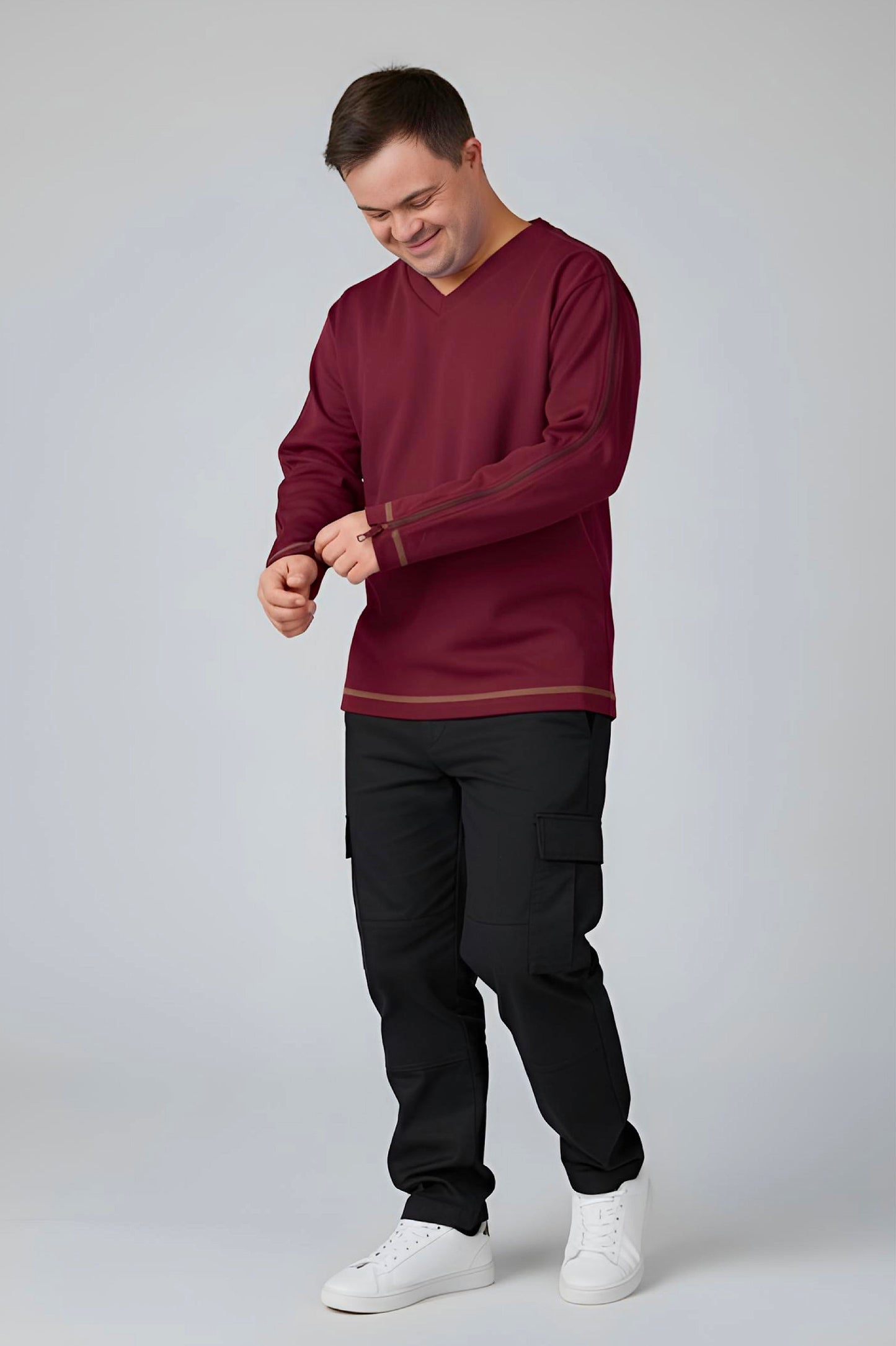 Men’s Adaptive Clothing Long Sleeve Soft Style Cotton V Neck Top with a Full Zipper at Shoulder Opens Completely for Easy Undressing