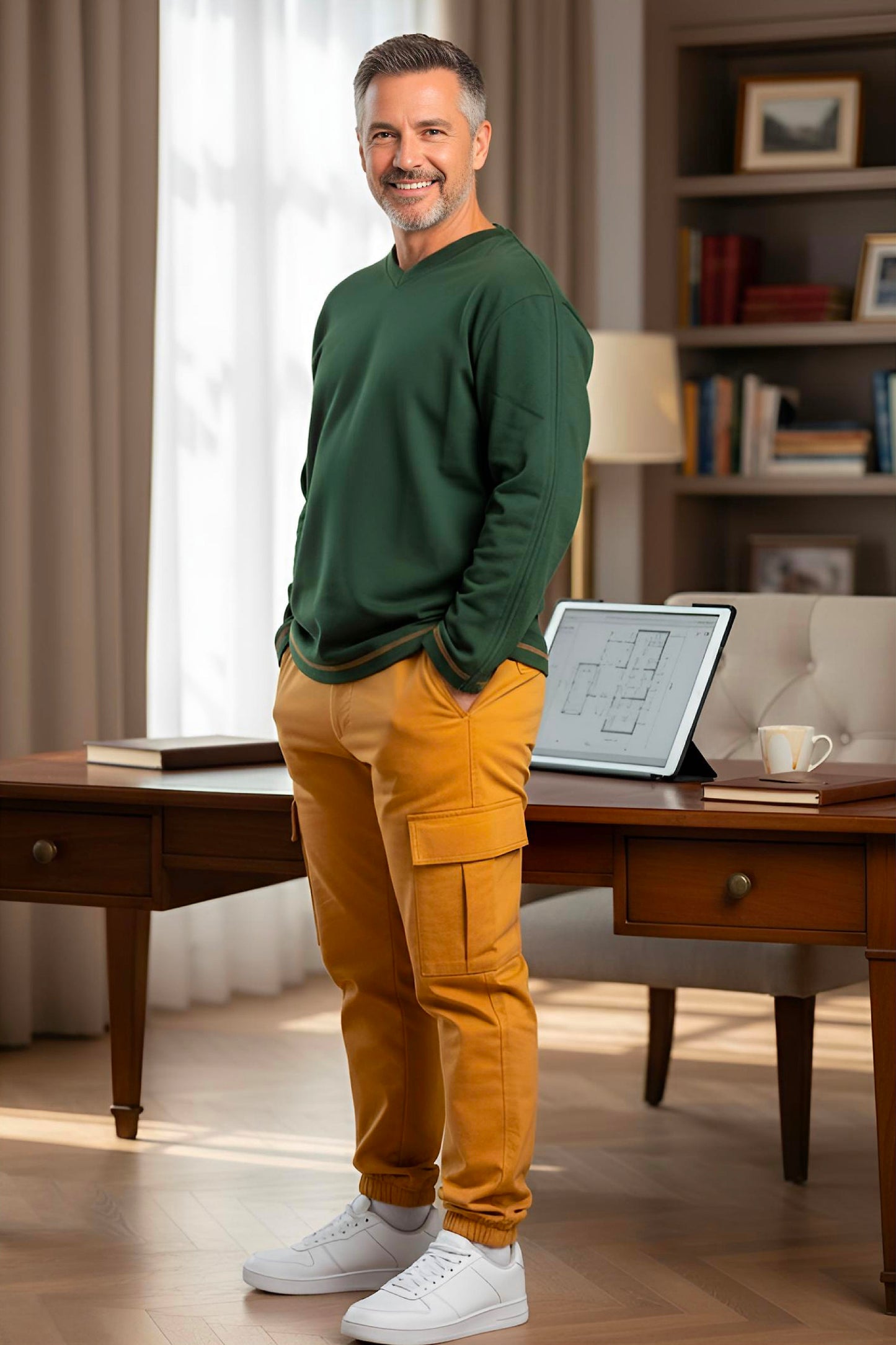 Men’s Adaptive Clothing Long Sleeve Soft Style Cotton V Neck Top with a Full Zipper at Shoulder Opens Completely for Easy Undressing