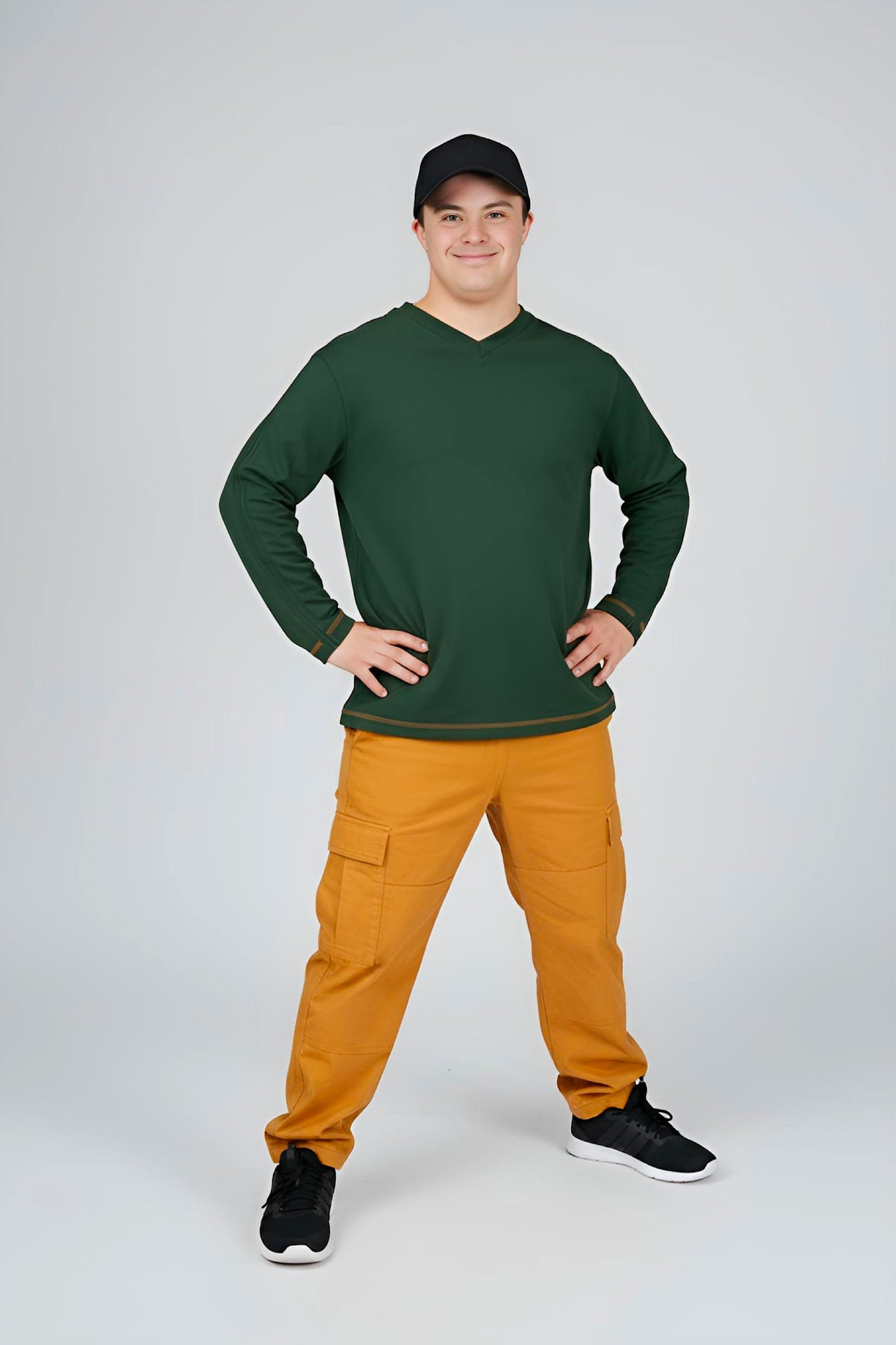Men’s Adaptive Clothing Long Sleeve Soft Style Cotton V Neck Top with a Full Zipper at Shoulder Opens Completely for Easy Undressing