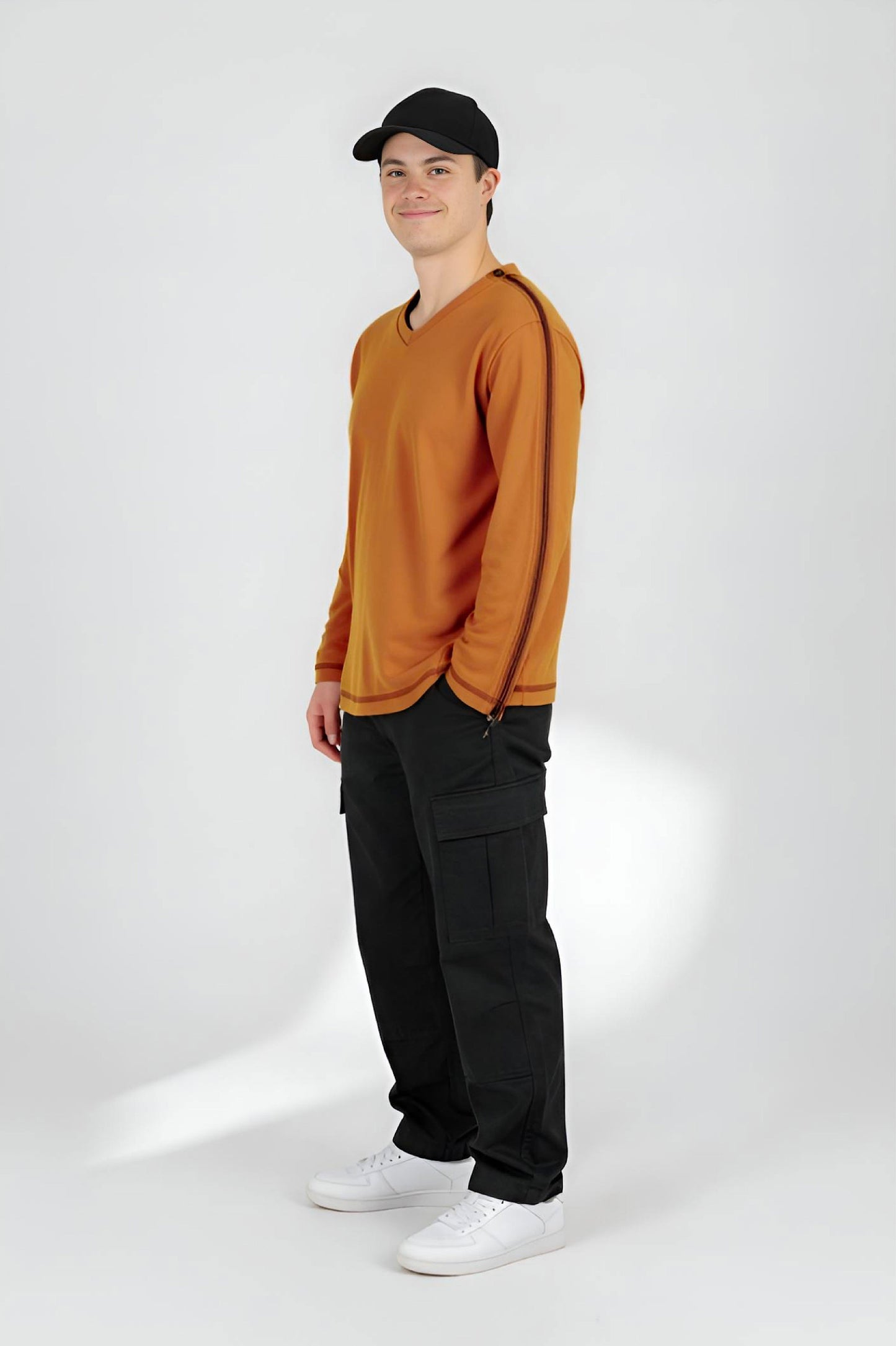 Men’s Adaptive Clothing Long Sleeve Soft Style Cotton V Neck Top with a Full Zipper at Shoulder Opens Completely for Easy Undressing
