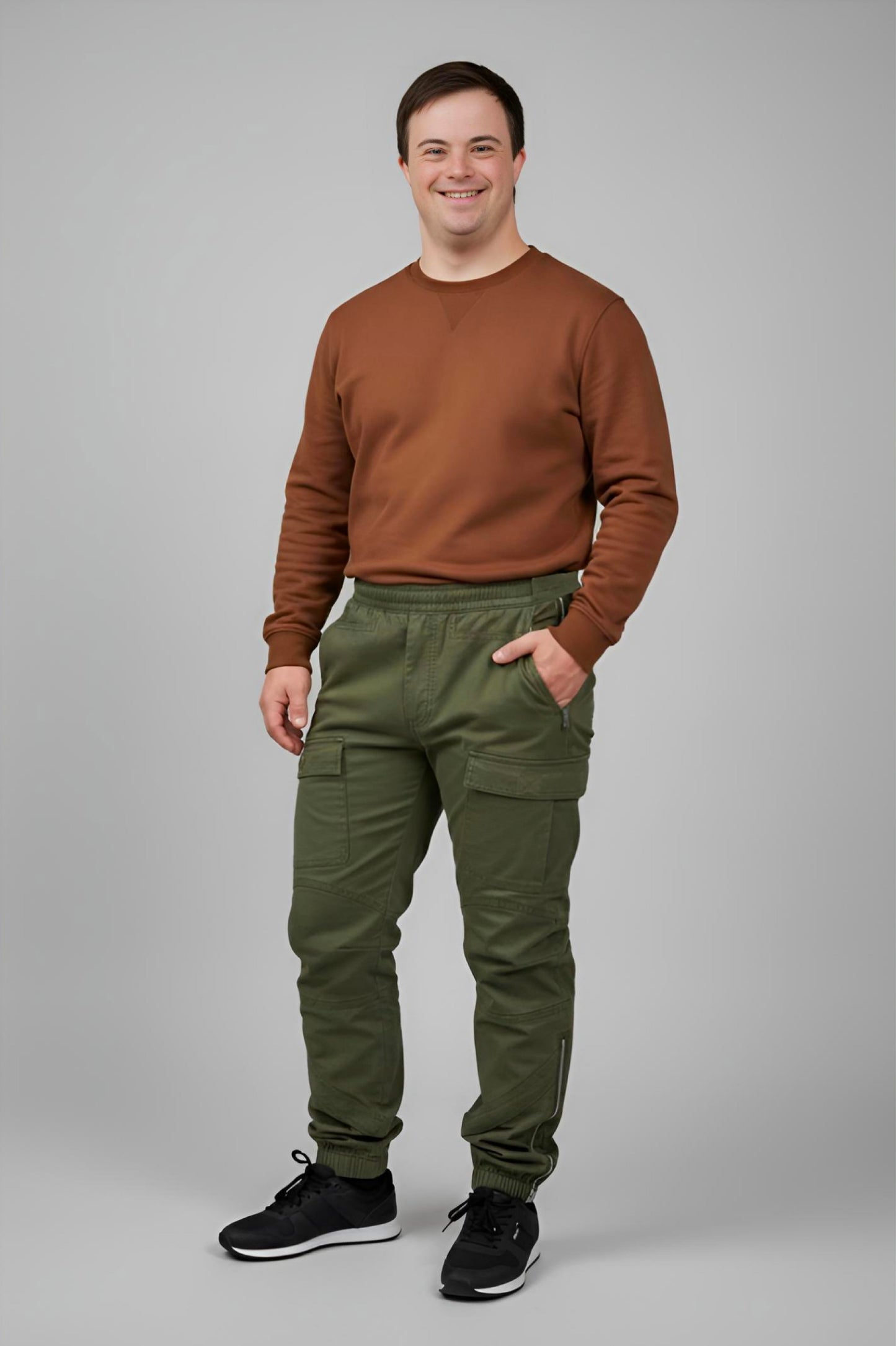 Men's Adaptive Clothing Woven Jogger Pants, Full Waistband Ribbed with Elastic and a Strip, Easy Zipper, Both at the Top and Bottom