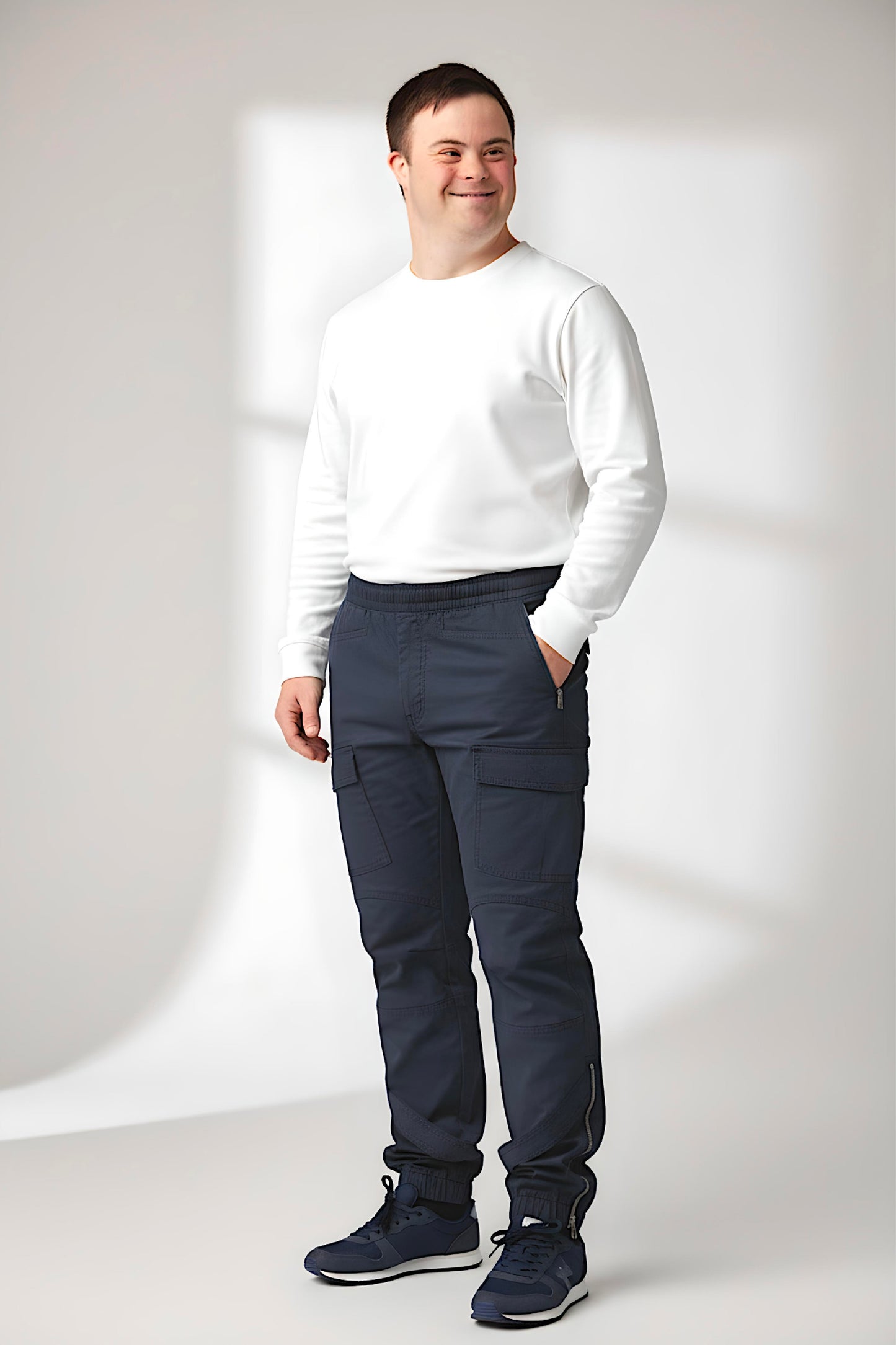 Men's Adaptive Clothing Woven Jogger Pants, Full Waistband Ribbed with Elastic and a Strip, Easy Zipper, Both at the Top and Bottom