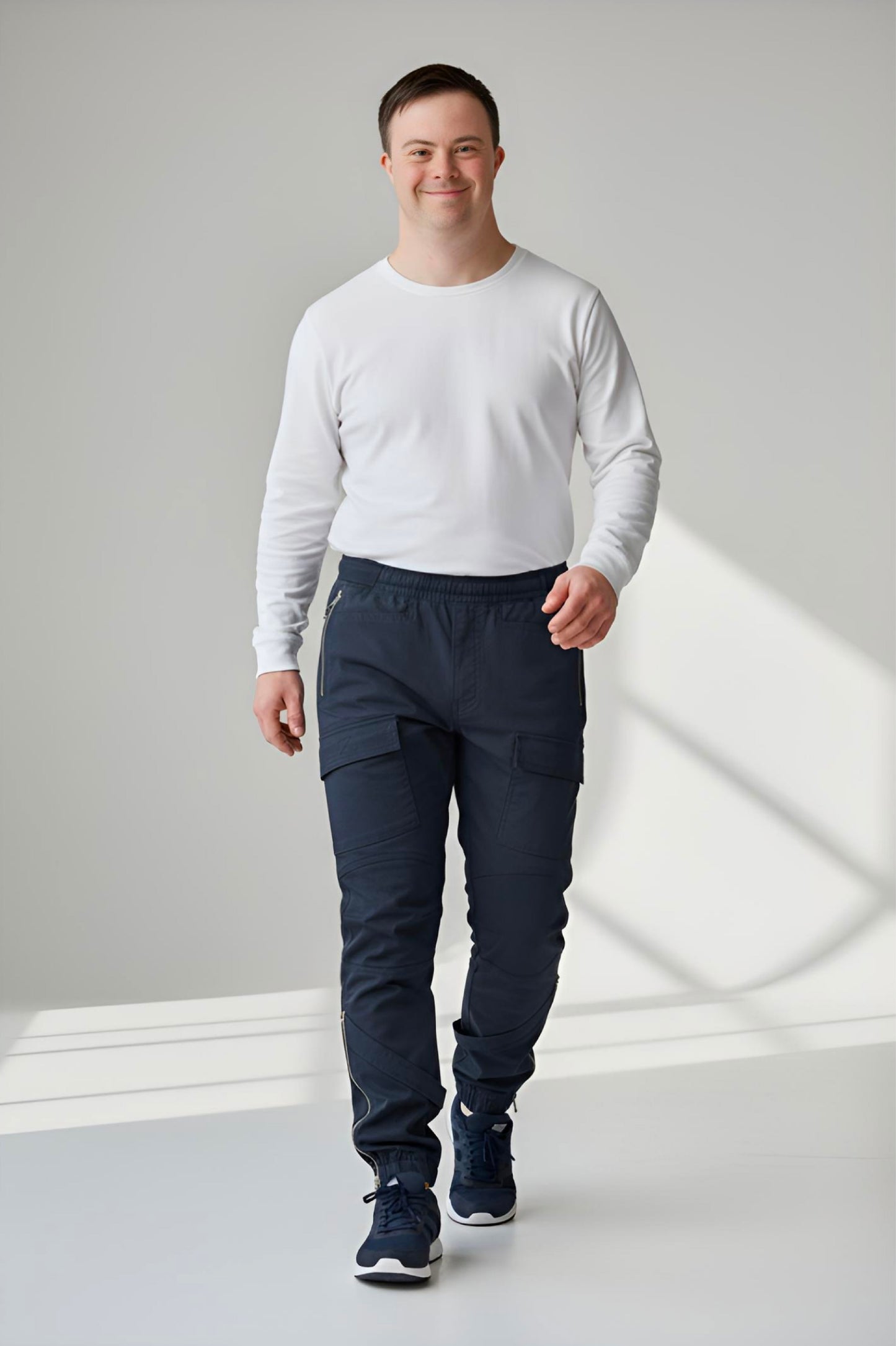 Men's Adaptive Clothing Woven Jogger Pants, Full Waistband Ribbed with Elastic and a Strip, Easy Zipper, Both at the Top and Bottom