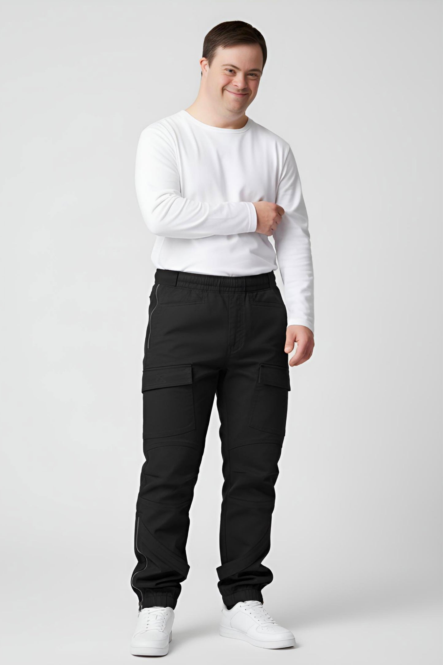 Men's Adaptive Clothing Woven Jogger Pants, Full Waistband Ribbed with Elastic and a Strip, Easy Zipper, Both at the Top and Bottom