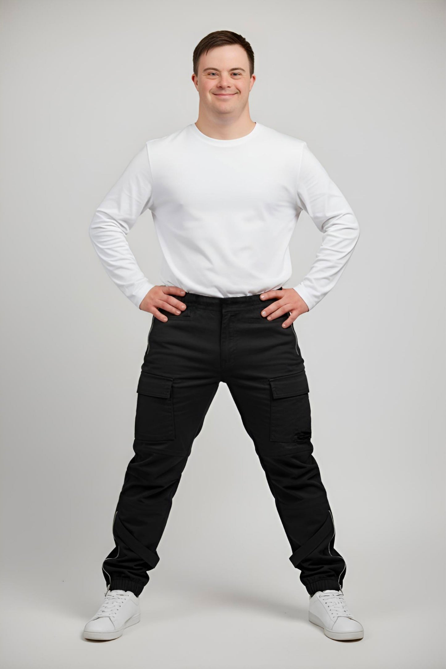Men's Adaptive Clothing Woven Jogger Pants, Full Waistband Ribbed with Elastic and a Strip, Easy Zipper, Both at the Top and Bottom