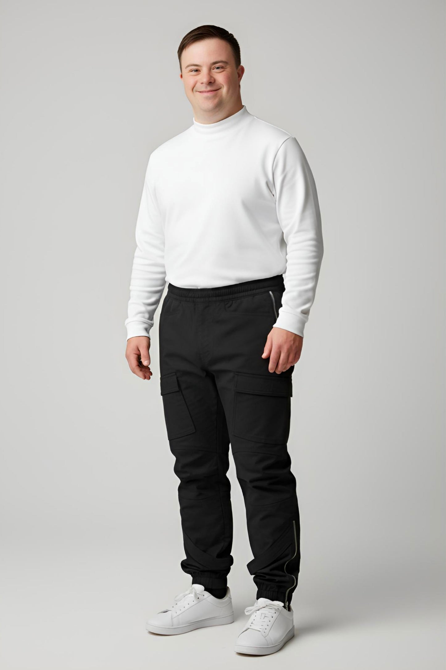 Men's Adaptive Clothing Woven Jogger Pants, Full Waistband Ribbed with Elastic and a Strip, Easy Zipper, Both at the Top and Bottom