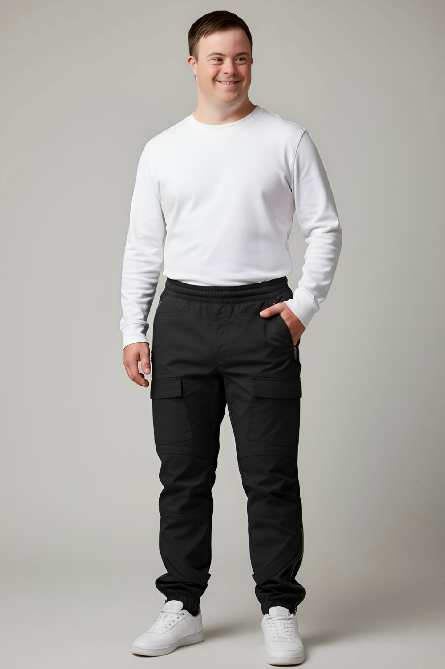 Men's Adaptive Clothing Woven Jogger Pants, Full Waistband Ribbed with Elastic and a Strip, Easy Zipper, Both at the Top and Bottom