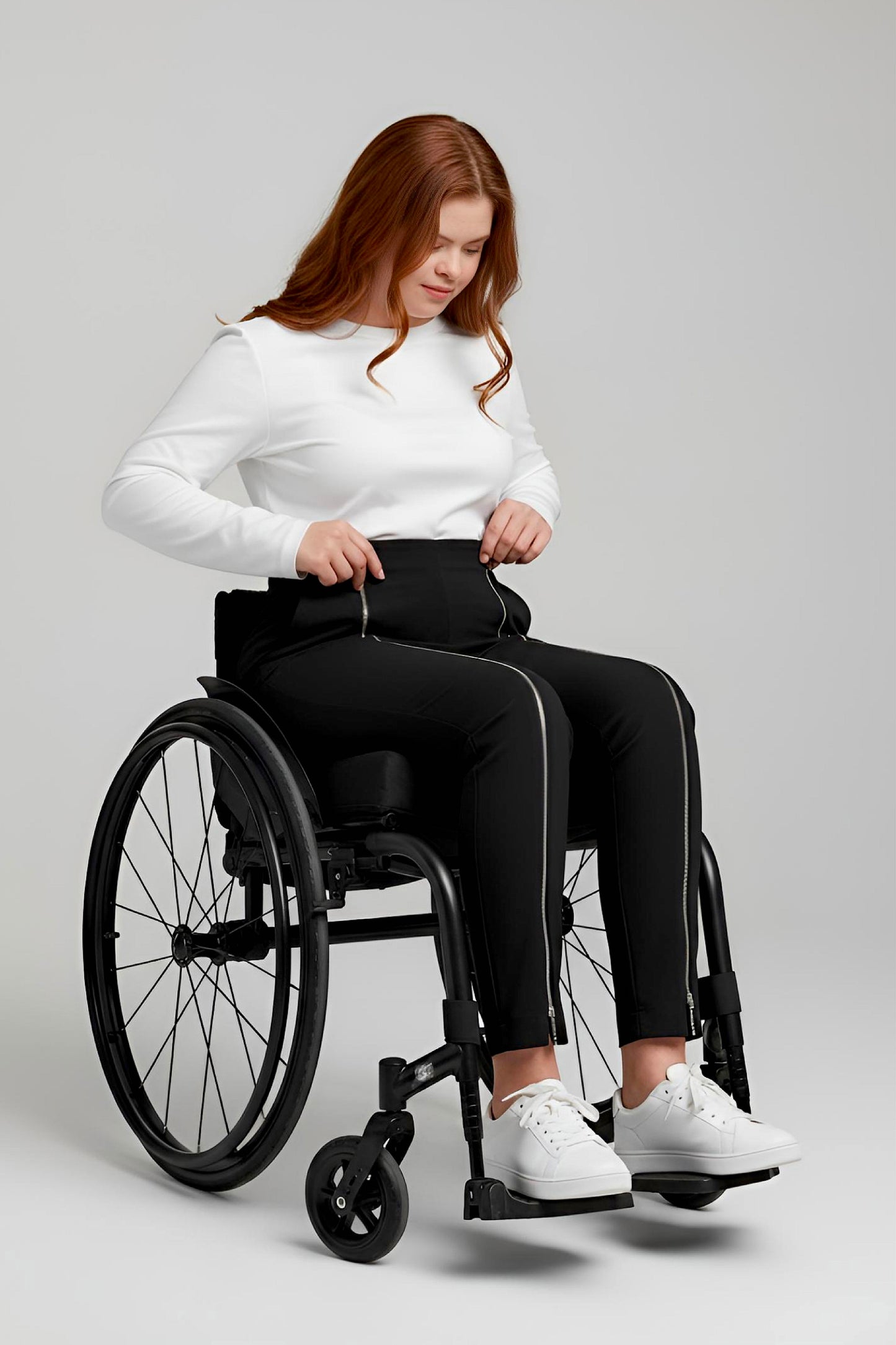 Women's Adaptive Clothing: Stretch Trousers Pant, Waist Elastic, and a Front Full Leg Zip for Easy Undressing