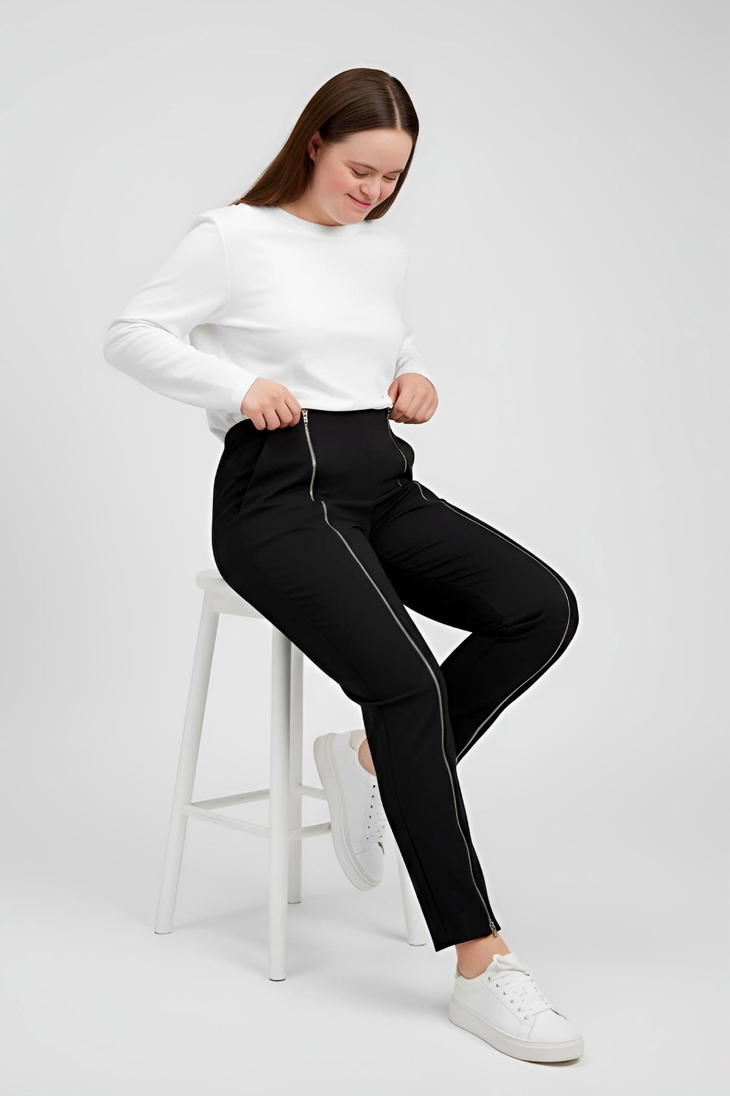 Women's Adaptive Clothing: Stretch Trousers Pant, Waist Elastic, and a Front Full Leg Zip for Easy Undressing
