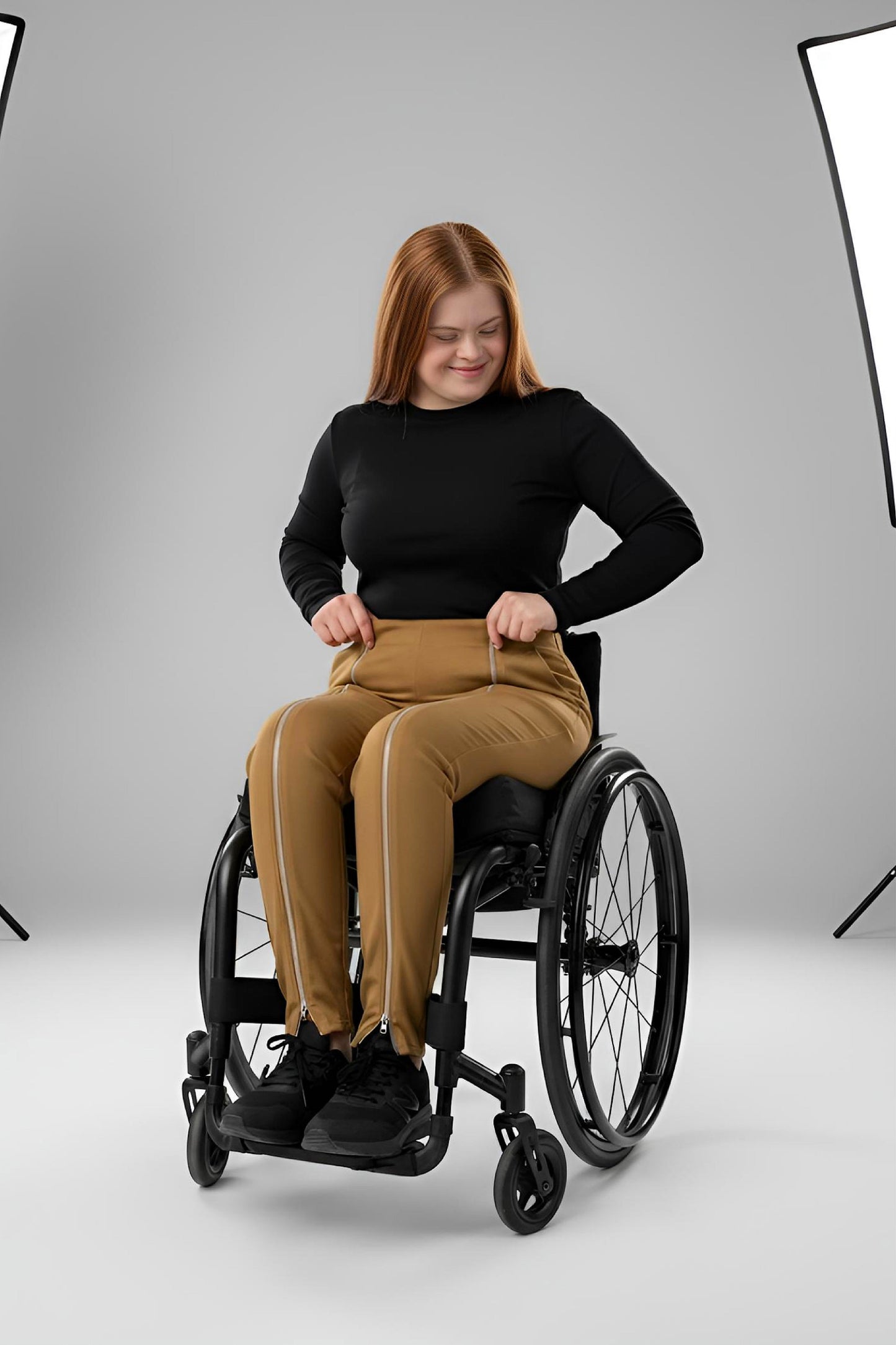 Women's Adaptive Clothing: Stretch Trousers Pant, Waist Elastic, and a Front Full Leg Zip for Easy Undressing