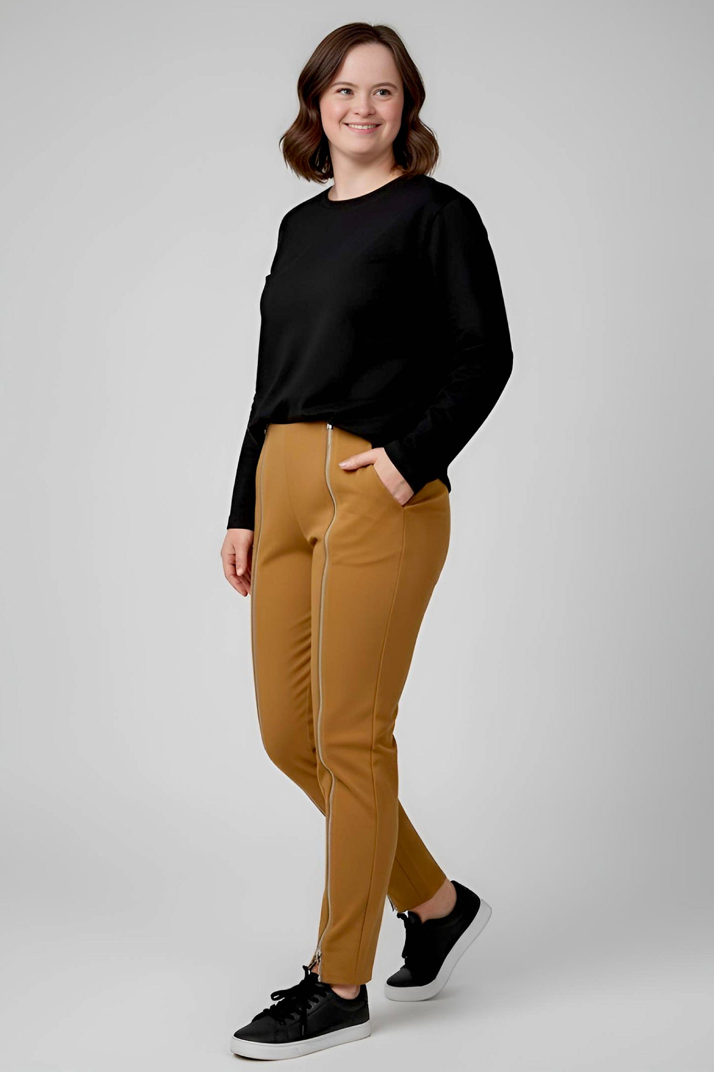 Women's Adaptive Clothing: Stretch Trousers Pant, Waist Elastic, and a Front Full Leg Zip for Easy Undressing