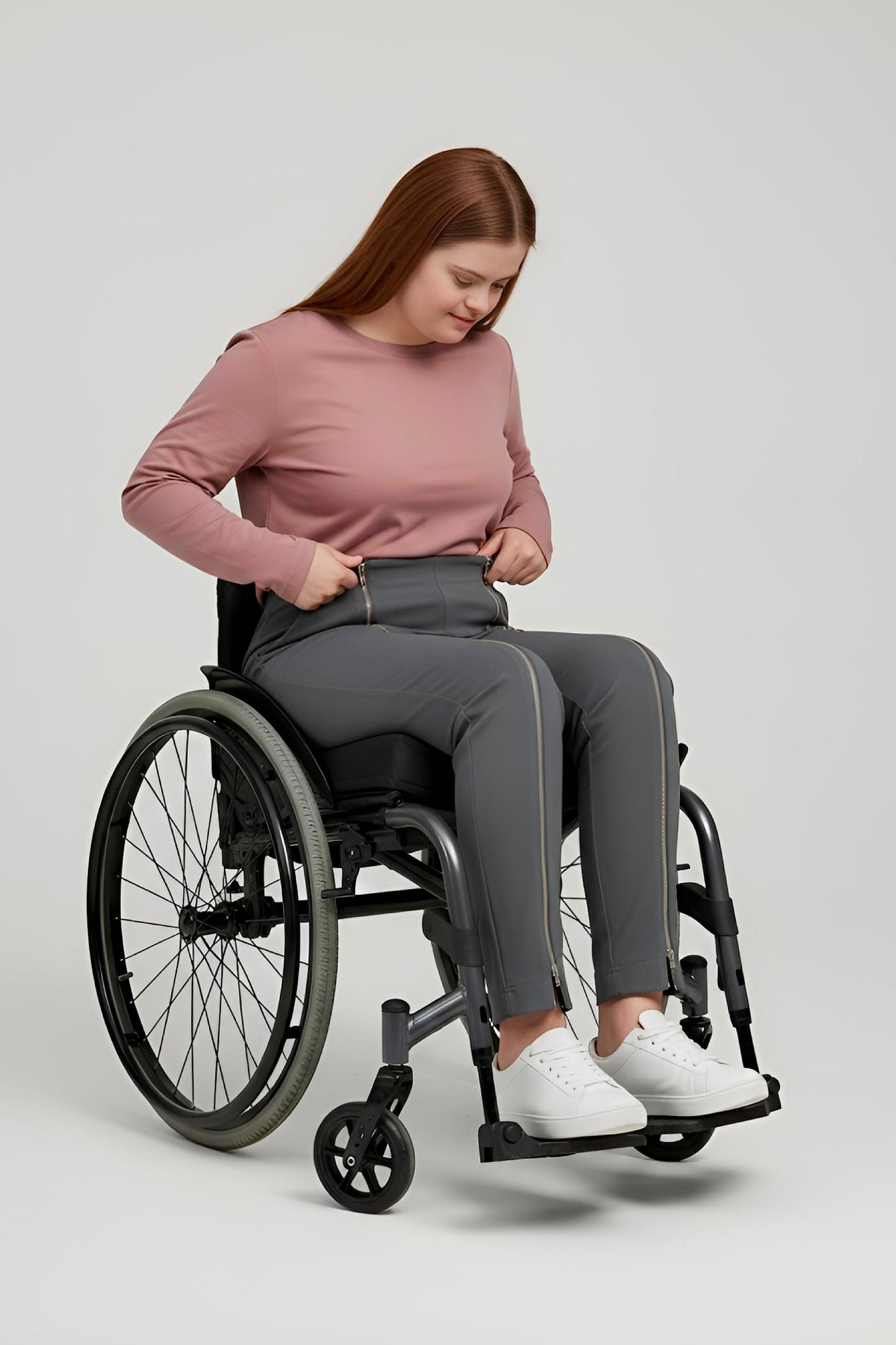Women's Adaptive Clothing: Stretch Trousers Pant, Waist Elastic, and a Front Full Leg Zip for Easy Undressing