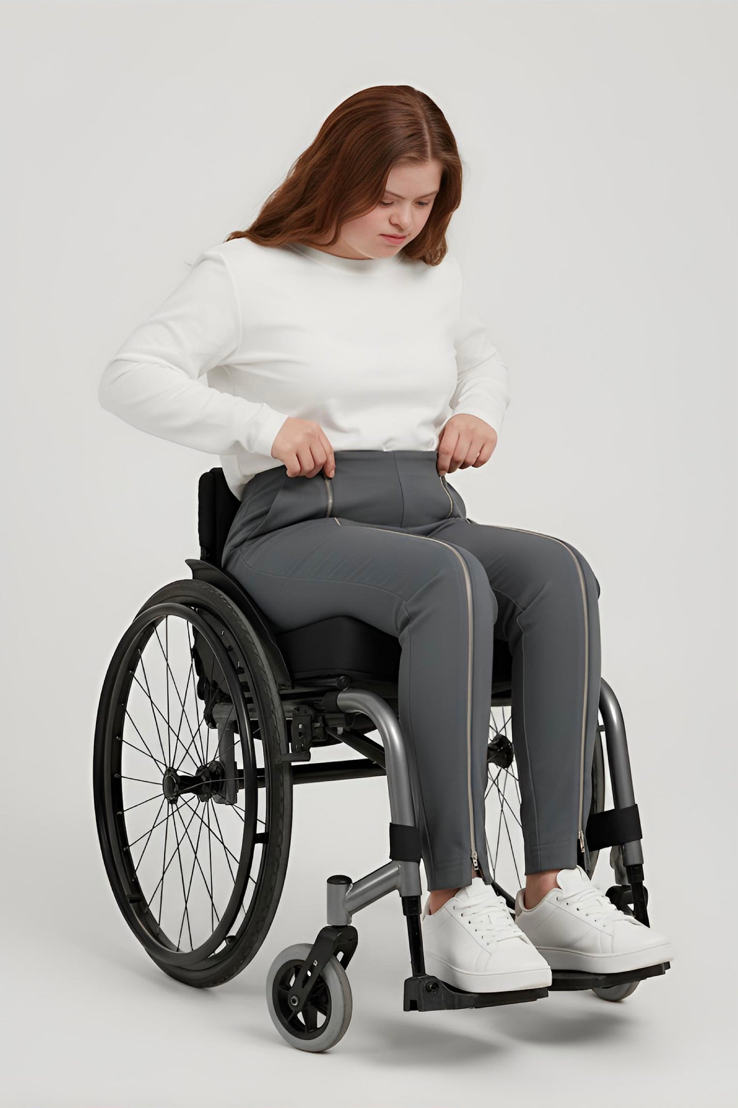 Women's Adaptive Clothing: Stretch Trousers Pant, Waist Elastic, and a Front Full Leg Zip for Easy Undressing