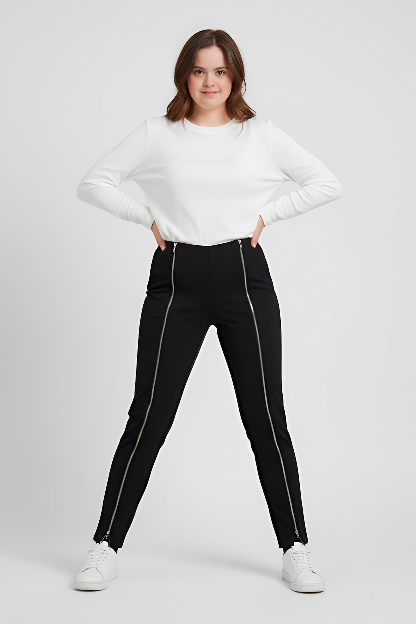 Women's Adaptive Clothing: Stretch Trousers Pant, Waist Elastic, and a Front Full Leg Zip for Easy Undressing