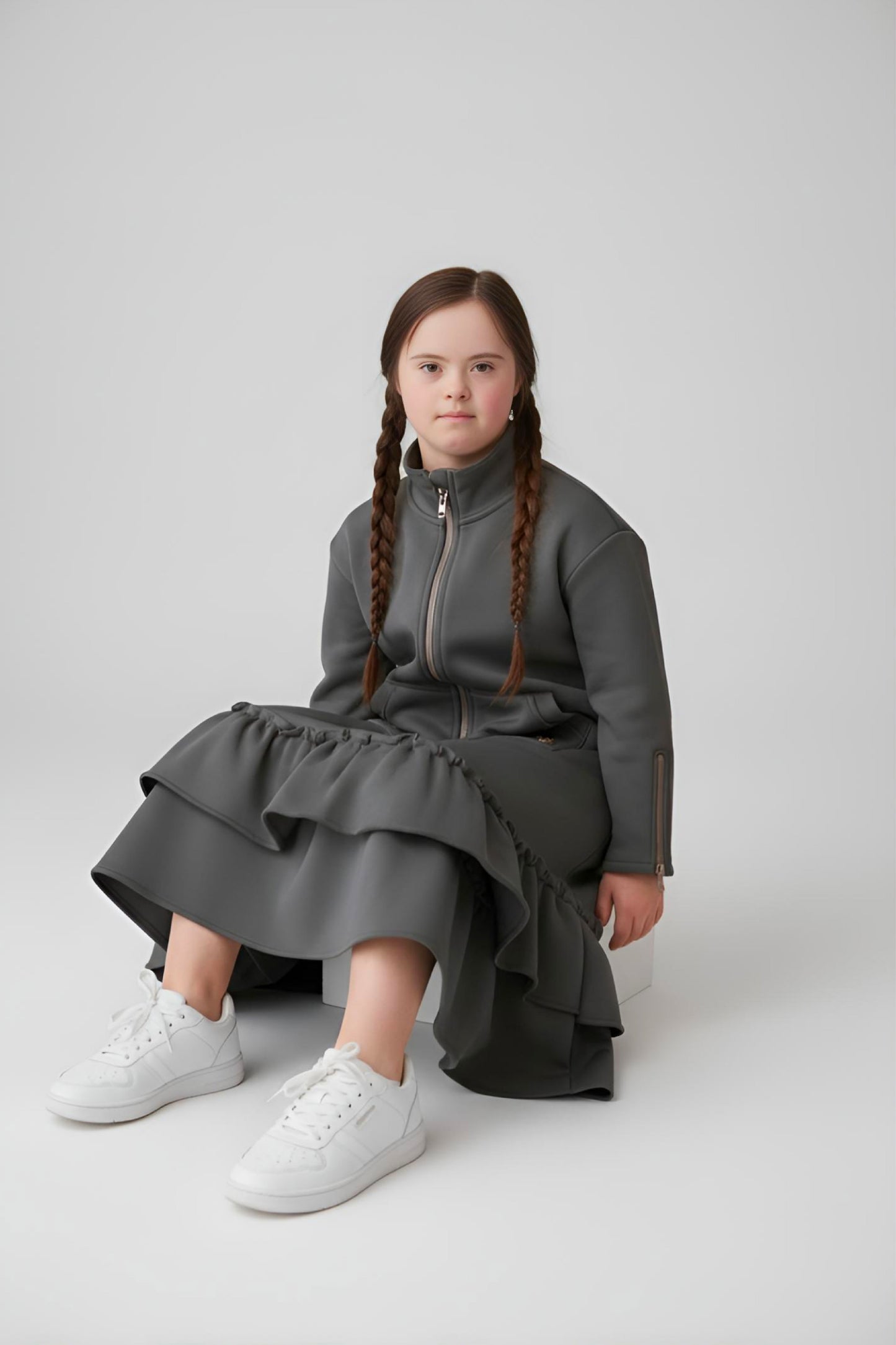 Kids Adaptive Dolman Sweatshirt Dress with Zipper & Cargo Pocket