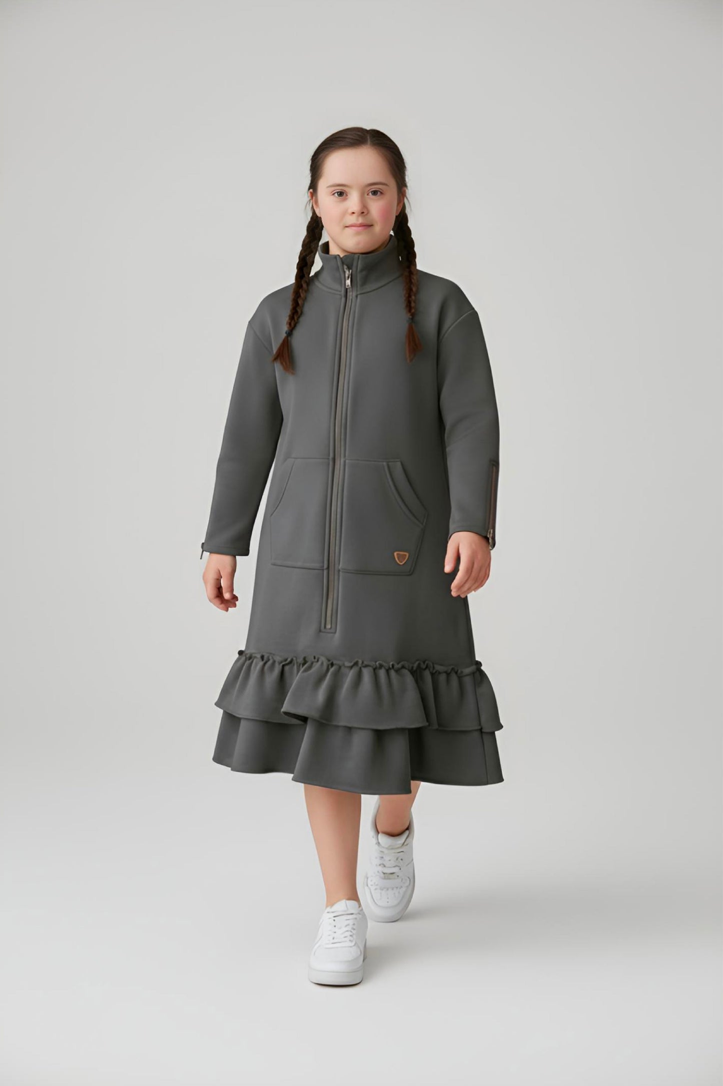 Kids Adaptive Dolman Sweatshirt Dress with Zipper & Cargo Pocket