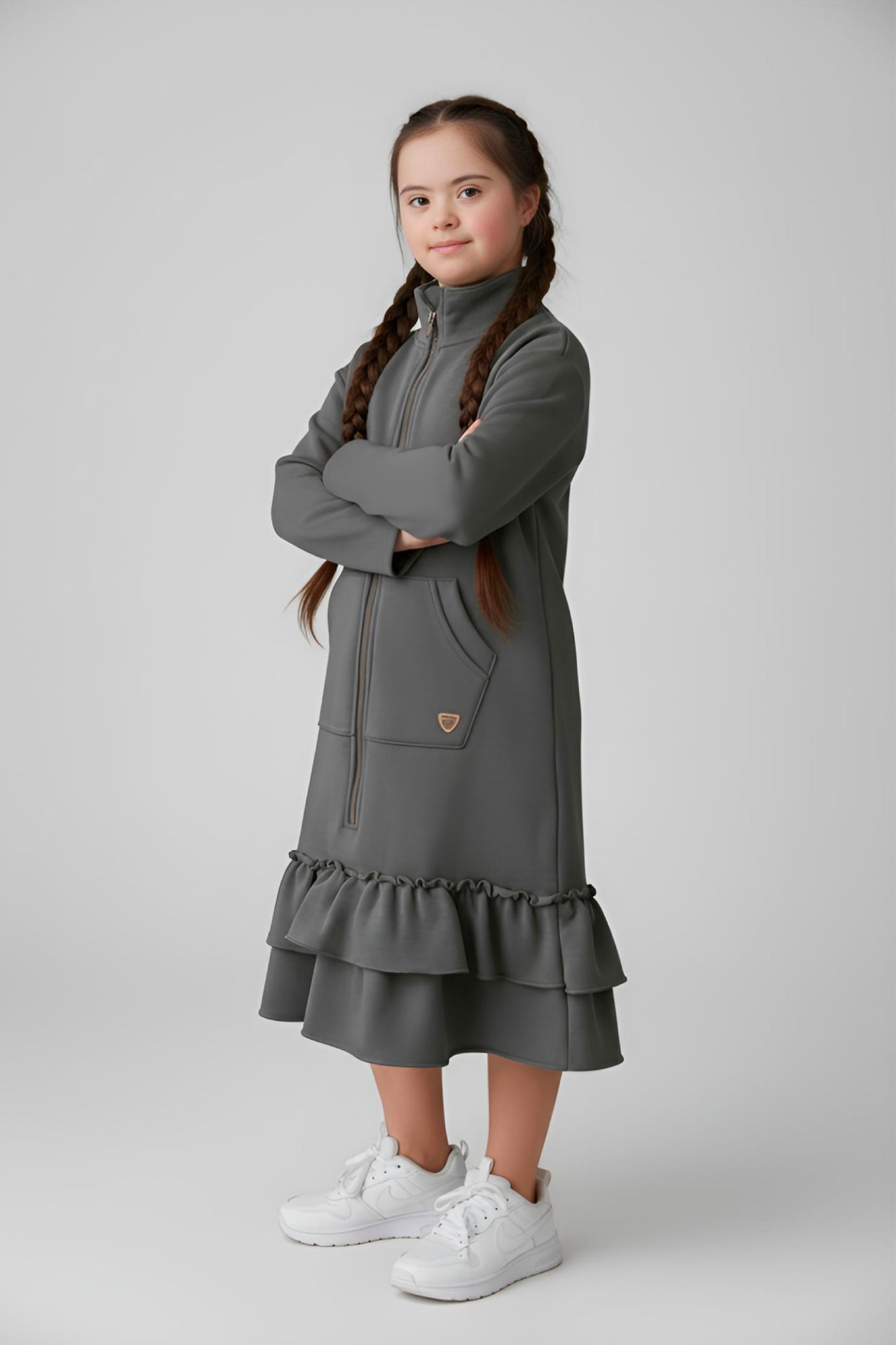 Kids Adaptive Dolman Sweatshirt Dress with Zipper & Cargo Pocket