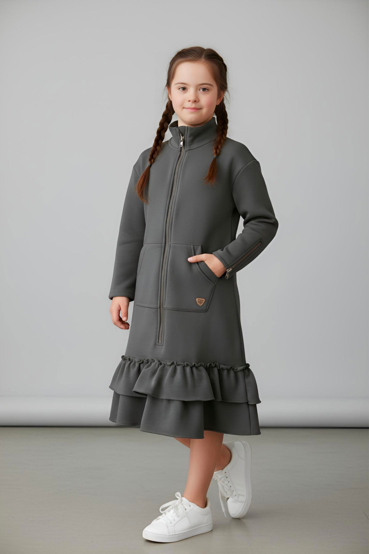 Kids Adaptive Dolman Sweatshirt Dress with Zipper & Cargo Pocket