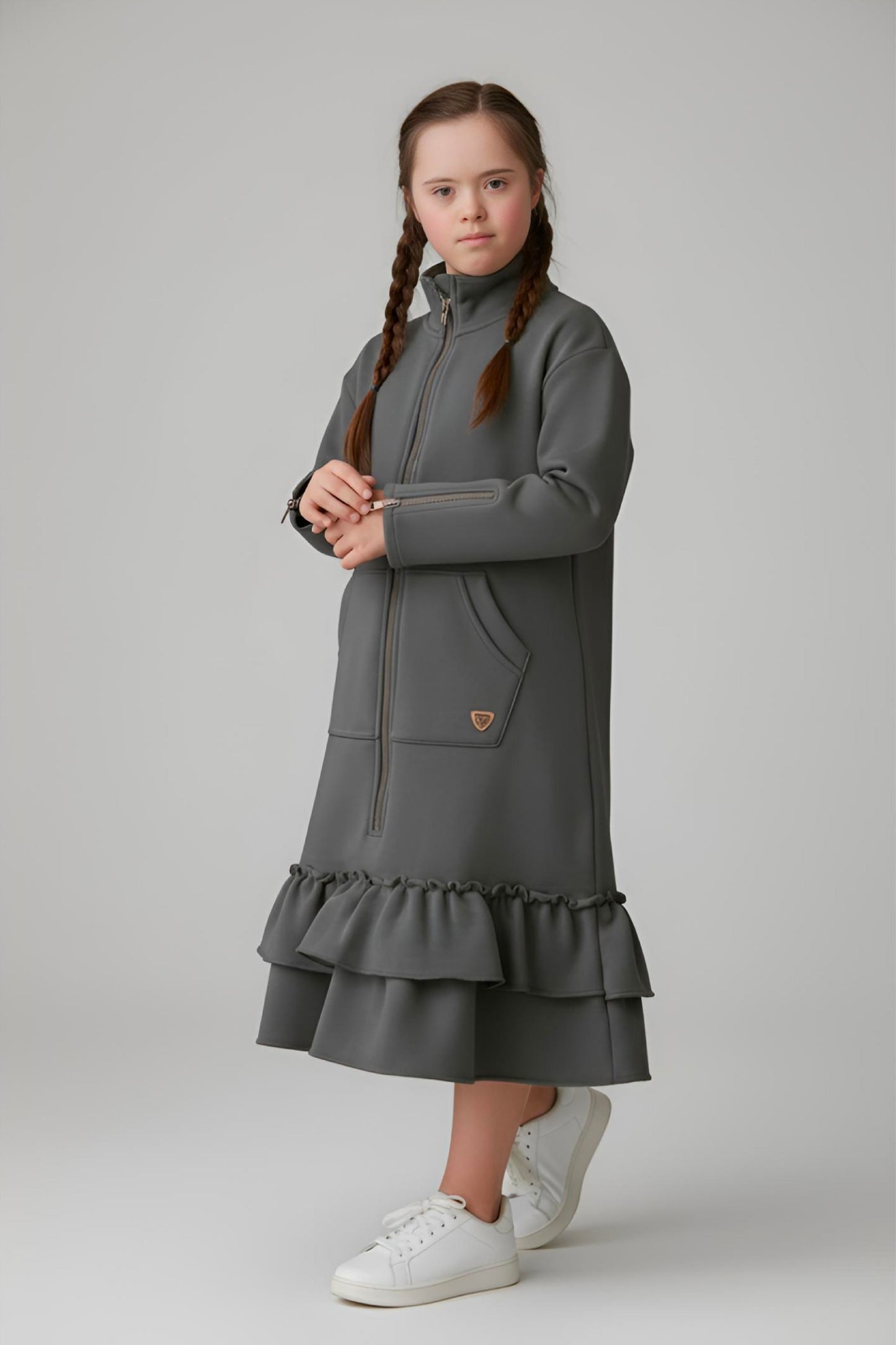 Kids Adaptive Dolman Sweatshirt Dress with Zipper & Cargo Pocket