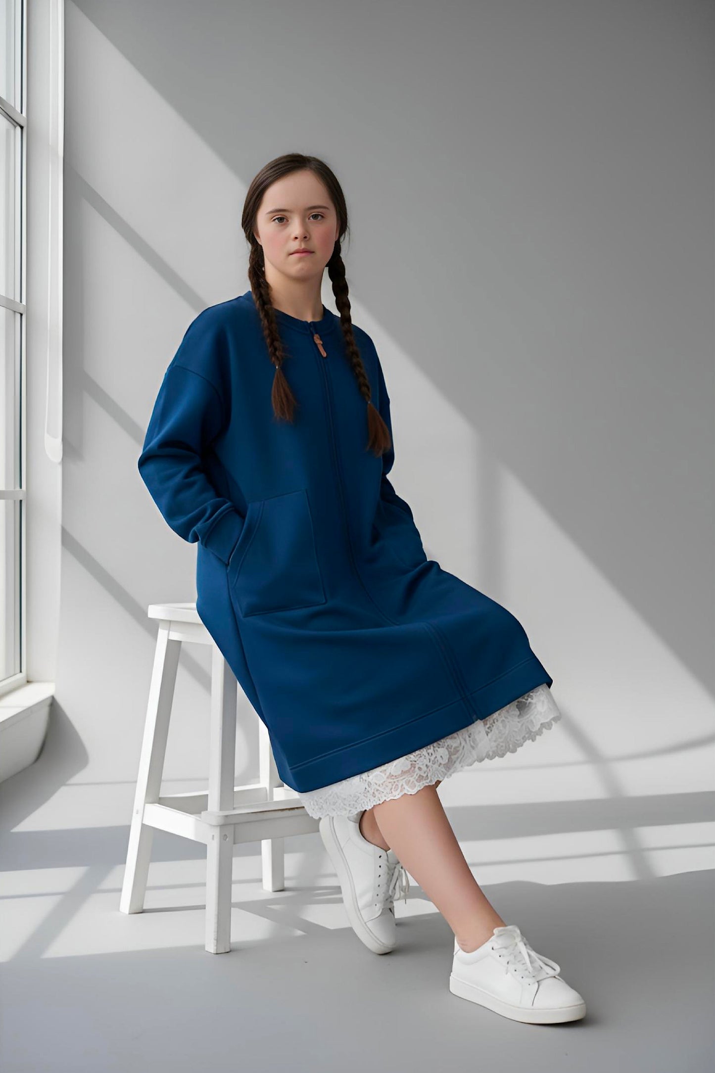 Adaptive Kids Sweatshirt Dress with Full Front Zipper and Easy-Undressing Sleeves