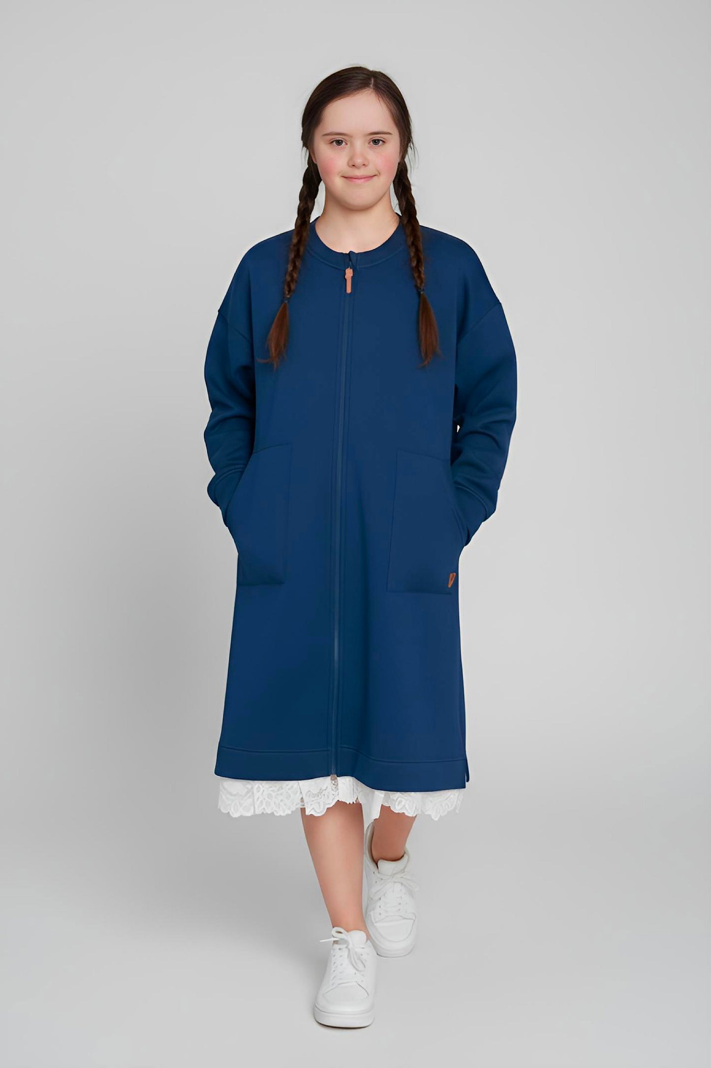 Adaptive Kids Sweatshirt Dress with Full Front Zipper and Easy-Undressing Sleeves