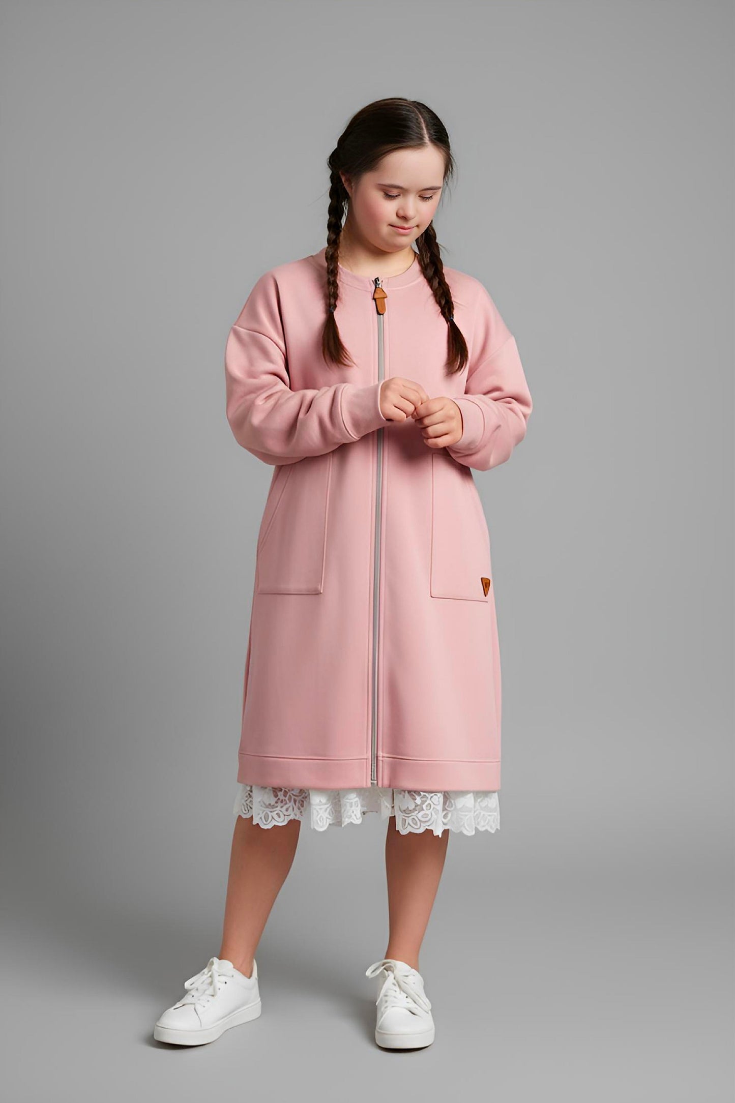 Adaptive Kids Sweatshirt Dress with Full Front Zipper and Easy-Undressing Sleeves