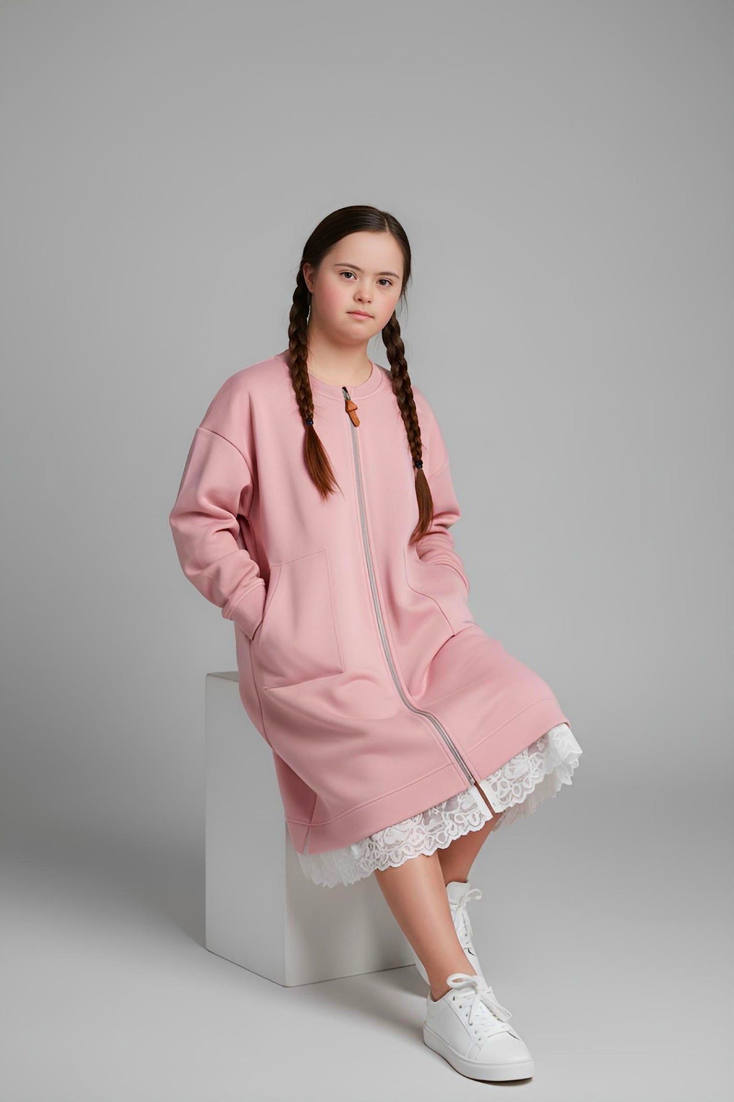 Adaptive Kids Sweatshirt Dress with Full Front Zipper and Easy-Undressing Sleeves