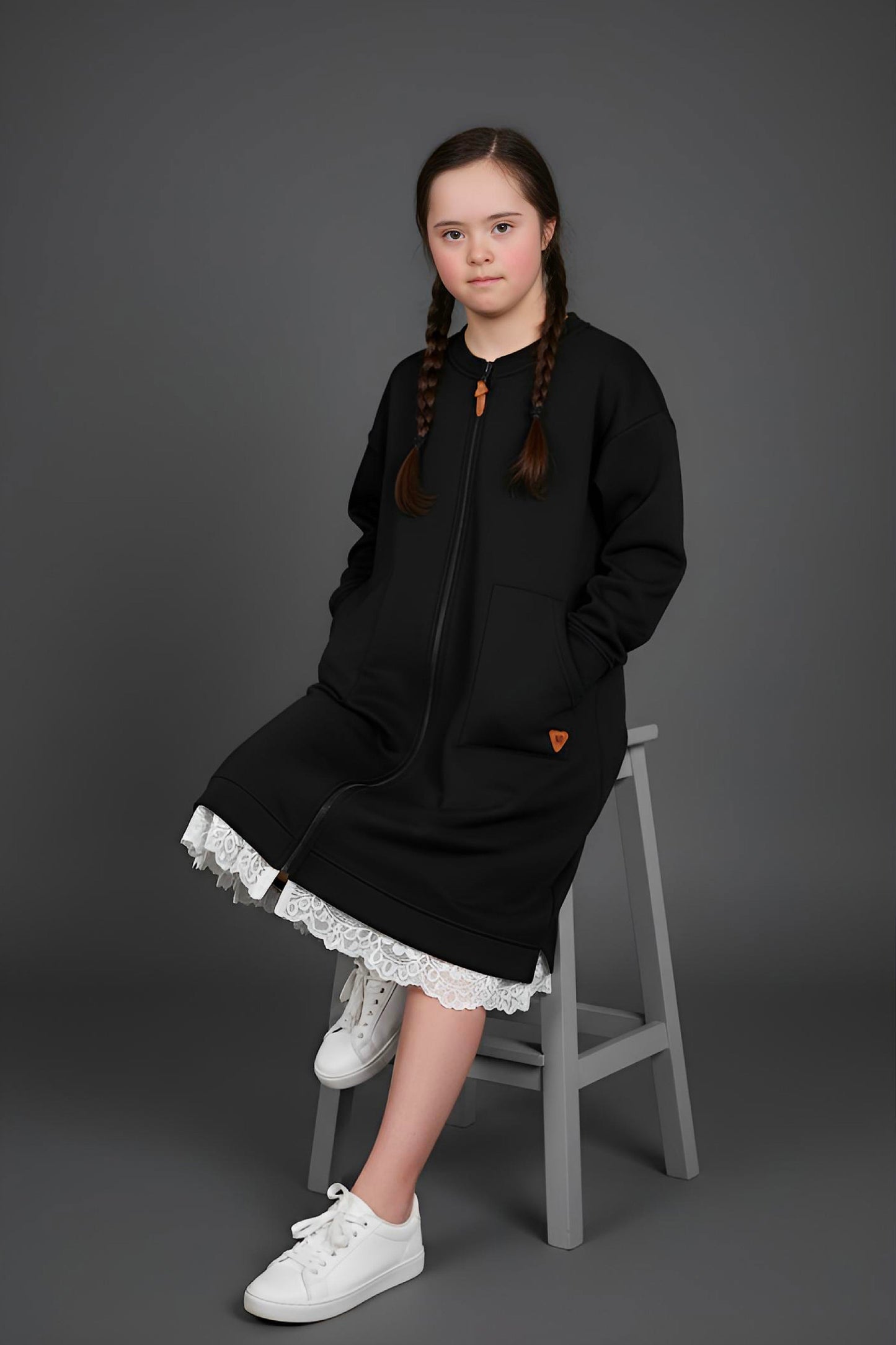 Adaptive Kids Sweatshirt Dress with Full Front Zipper and Easy-Undressing Sleeves