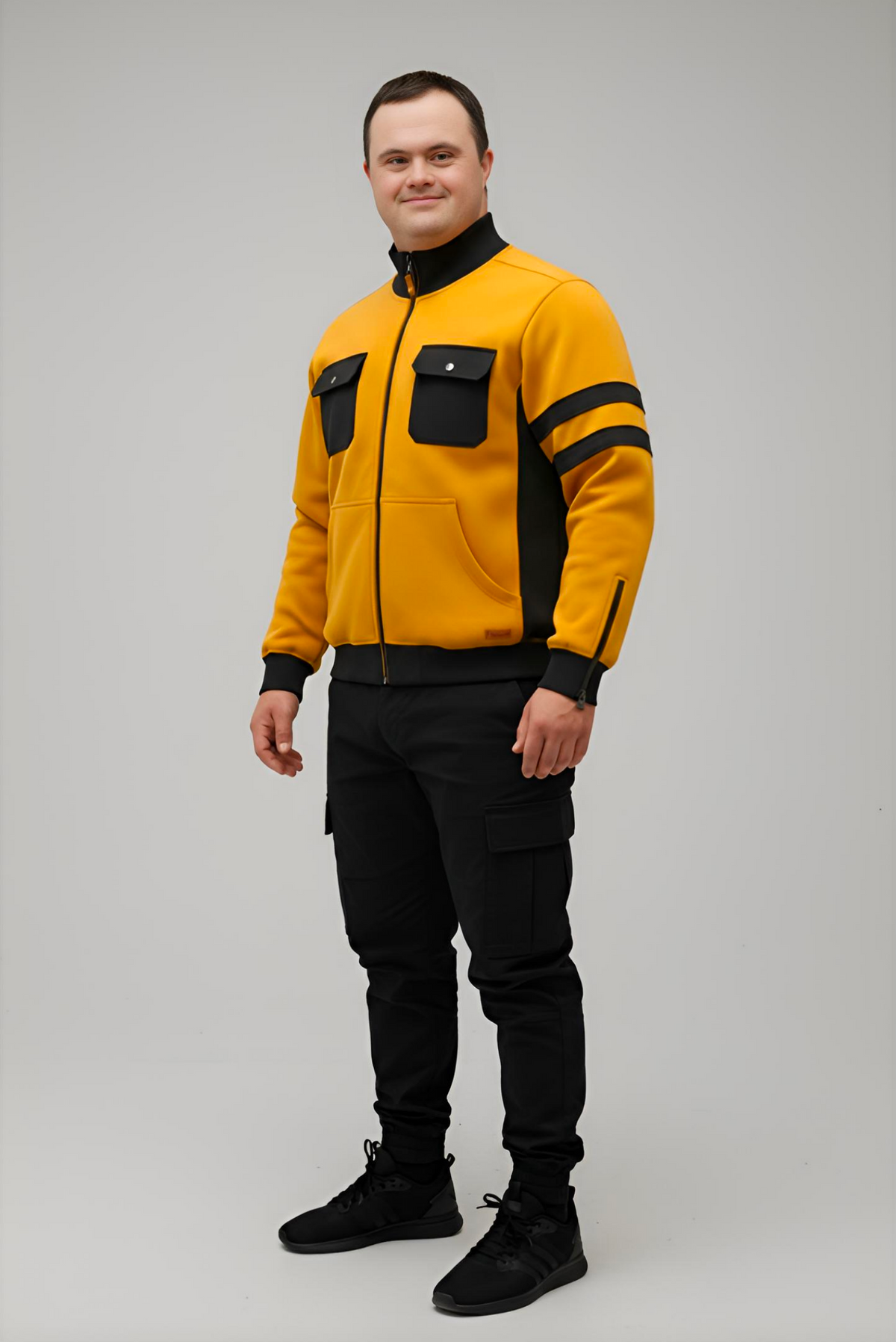 Men’s Adaptive Clothing Sweatshirt Magnetic Zipper Jacket, Collar & Cargo Pocket, Inside Chest Pocket Ring for Passing a Medical Tube