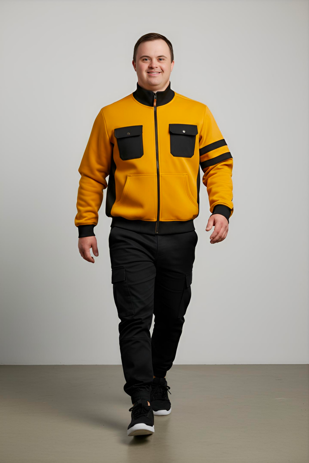 Men’s Adaptive Clothing Sweatshirt Magnetic Zipper Jacket, Collar & Cargo Pocket, Inside Chest Pocket Ring for Passing a Medical Tube