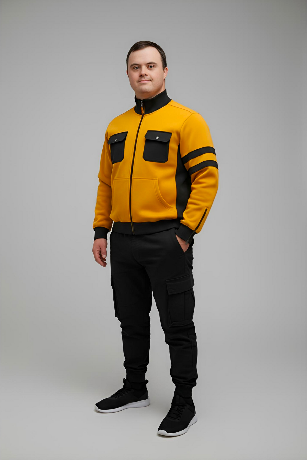 Men’s Adaptive Clothing Sweatshirt Magnetic Zipper Jacket, Collar & Cargo Pocket, Inside Chest Pocket Ring for Passing a Medical Tube